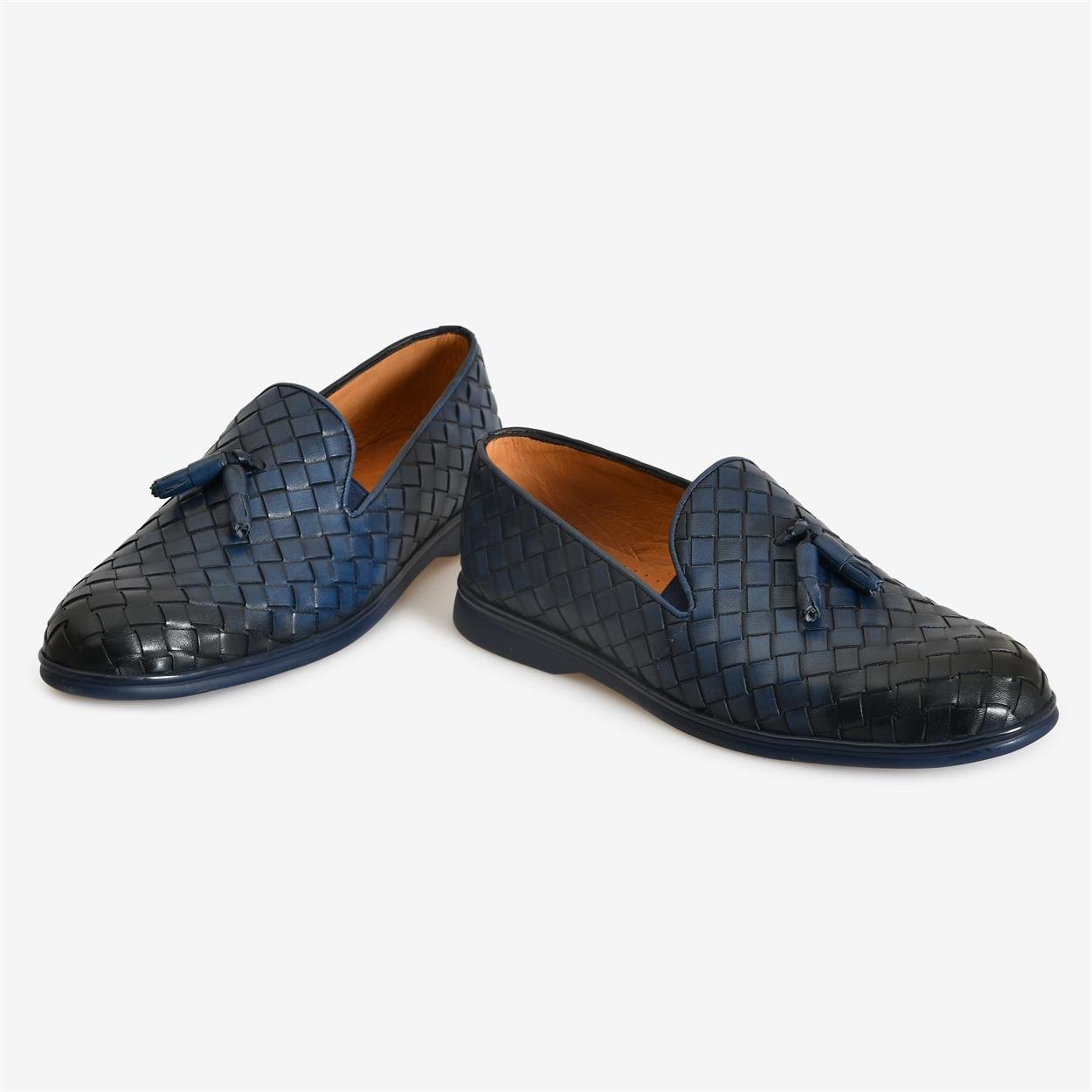 Lacivert Deri Püsküllü Örgü Erkek Klasik Ayakkabı