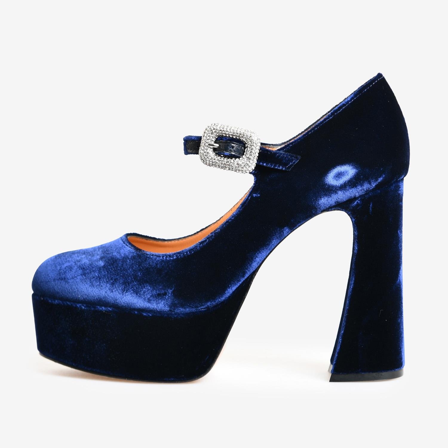 Lacivert Kadife Kemer Detaylı Platform Taban Kadın Abiye Ayakkabı