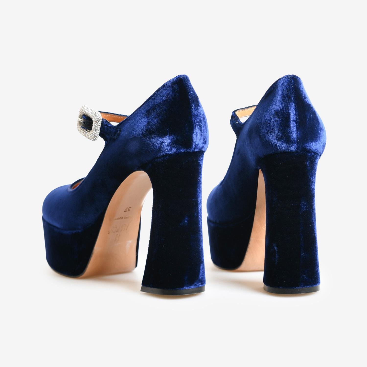 Lacivert Kadife Kemer Detaylı Platform Taban Kadın Abiye Ayakkabı