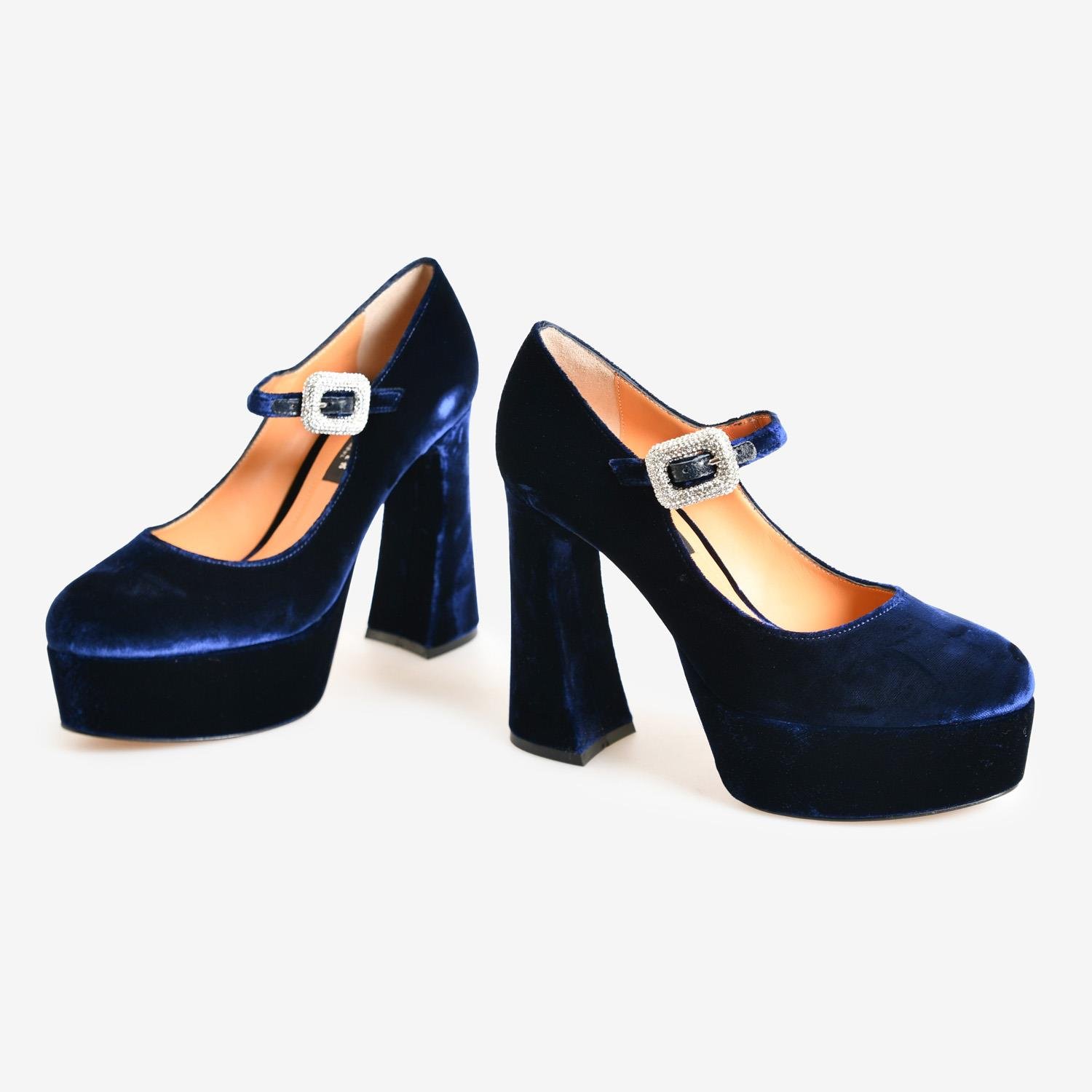 Lacivert Kadife Kemer Detaylı Platform Taban Kadın Abiye Ayakkabı