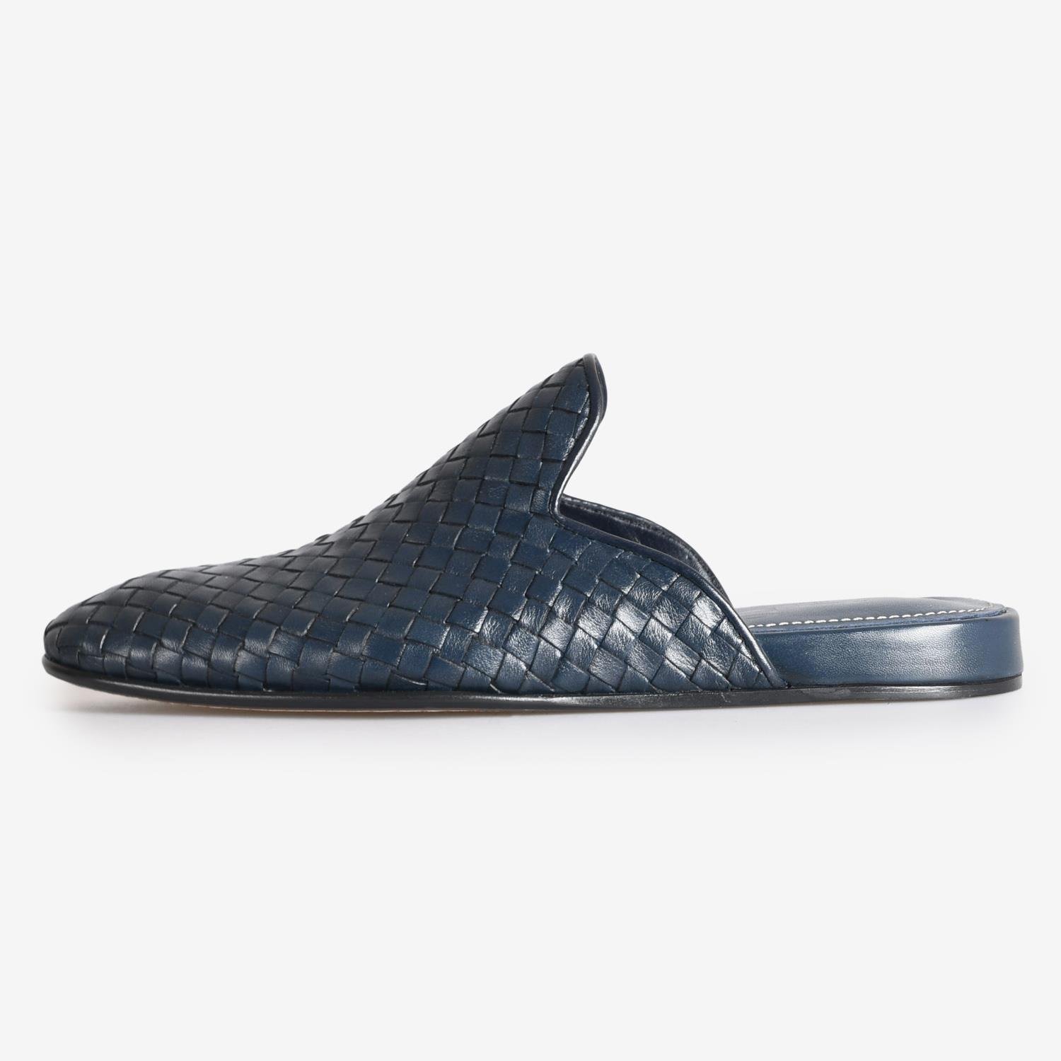 Lacivert Örgü Deri Erkek Terlik