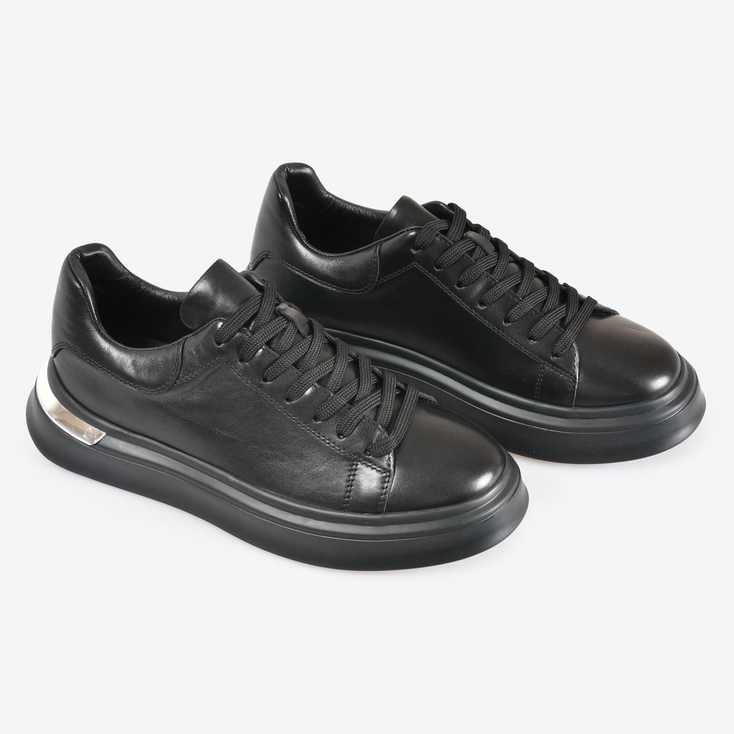 Siyah Baskılı Deri Bağcıklı Erkek Sneaker