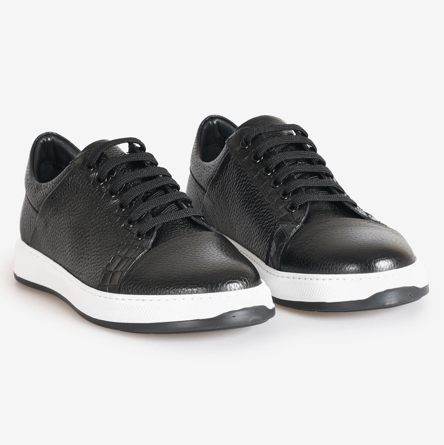 Siyah Deri Bağcıklı Erkek Sneaker