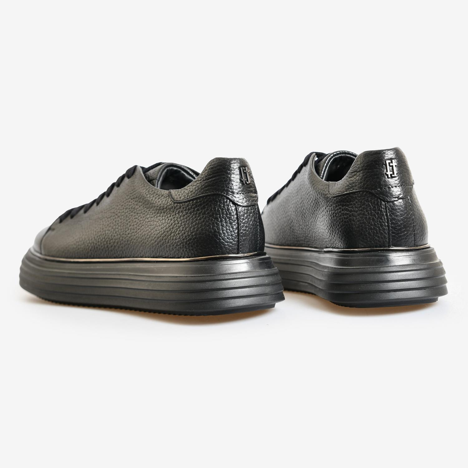 Siyah Deri Bağcıklı Erkek Spor Sneaker