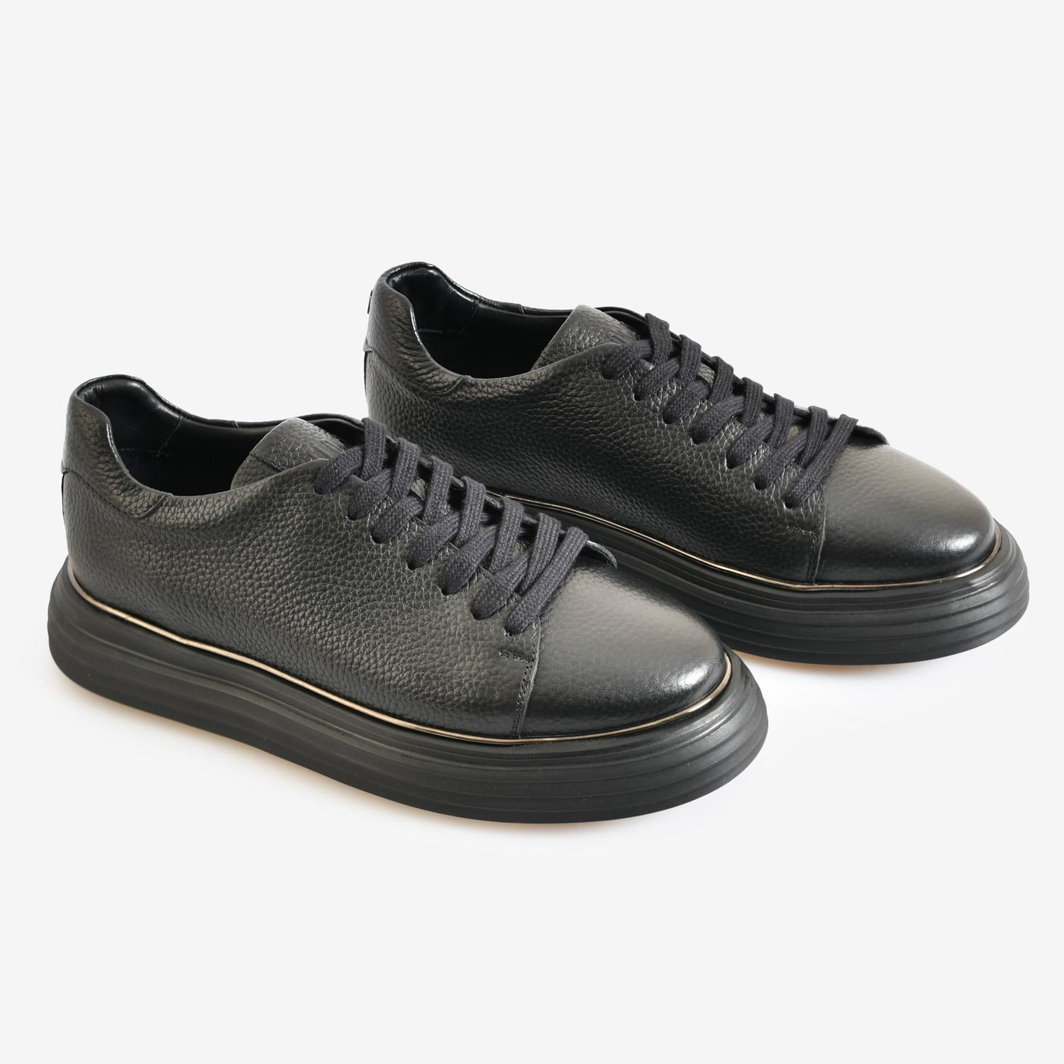 Siyah Deri Bağcıklı Erkek Spor Sneaker