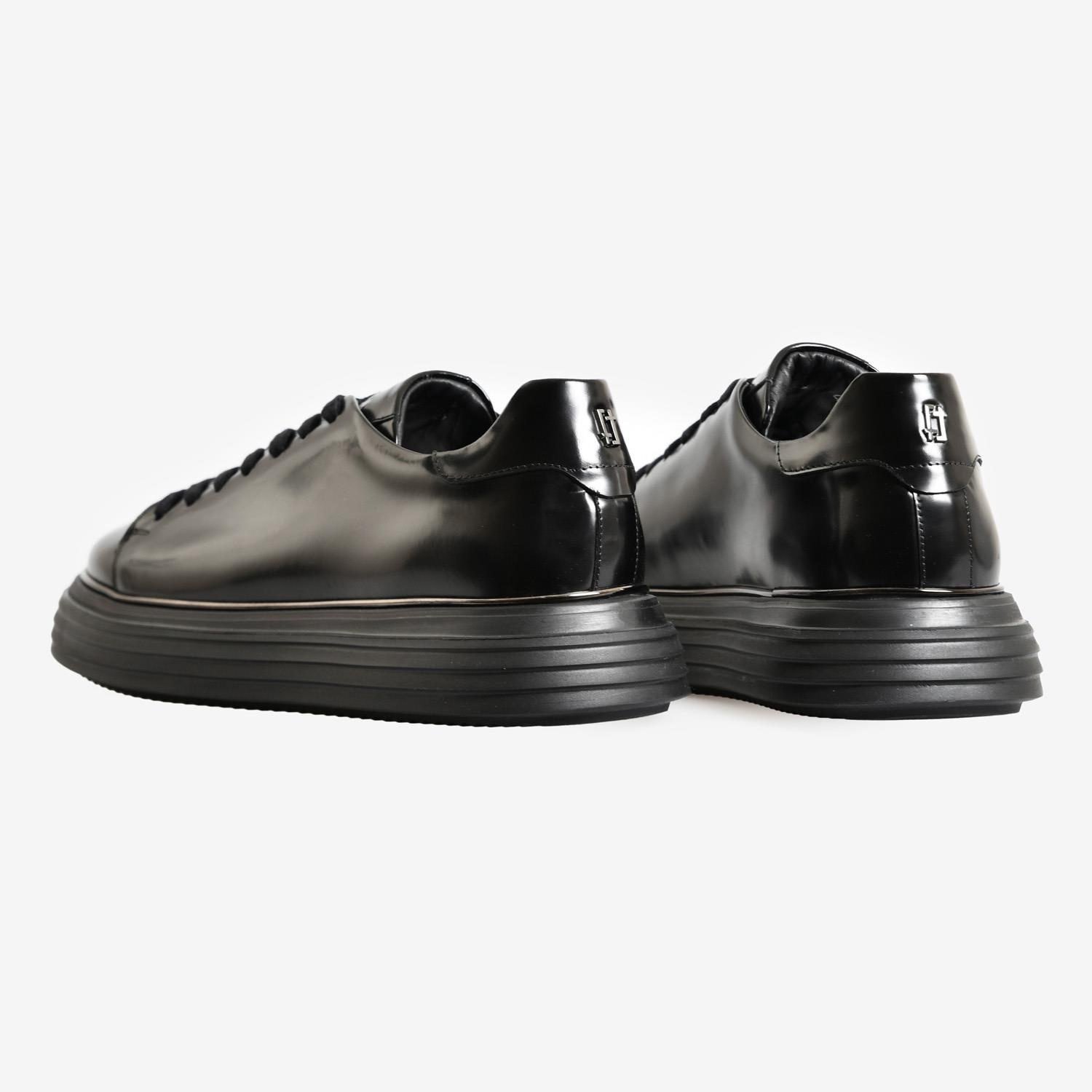 Siyah Deri Bağcıklı Erkek Spor Sneaker