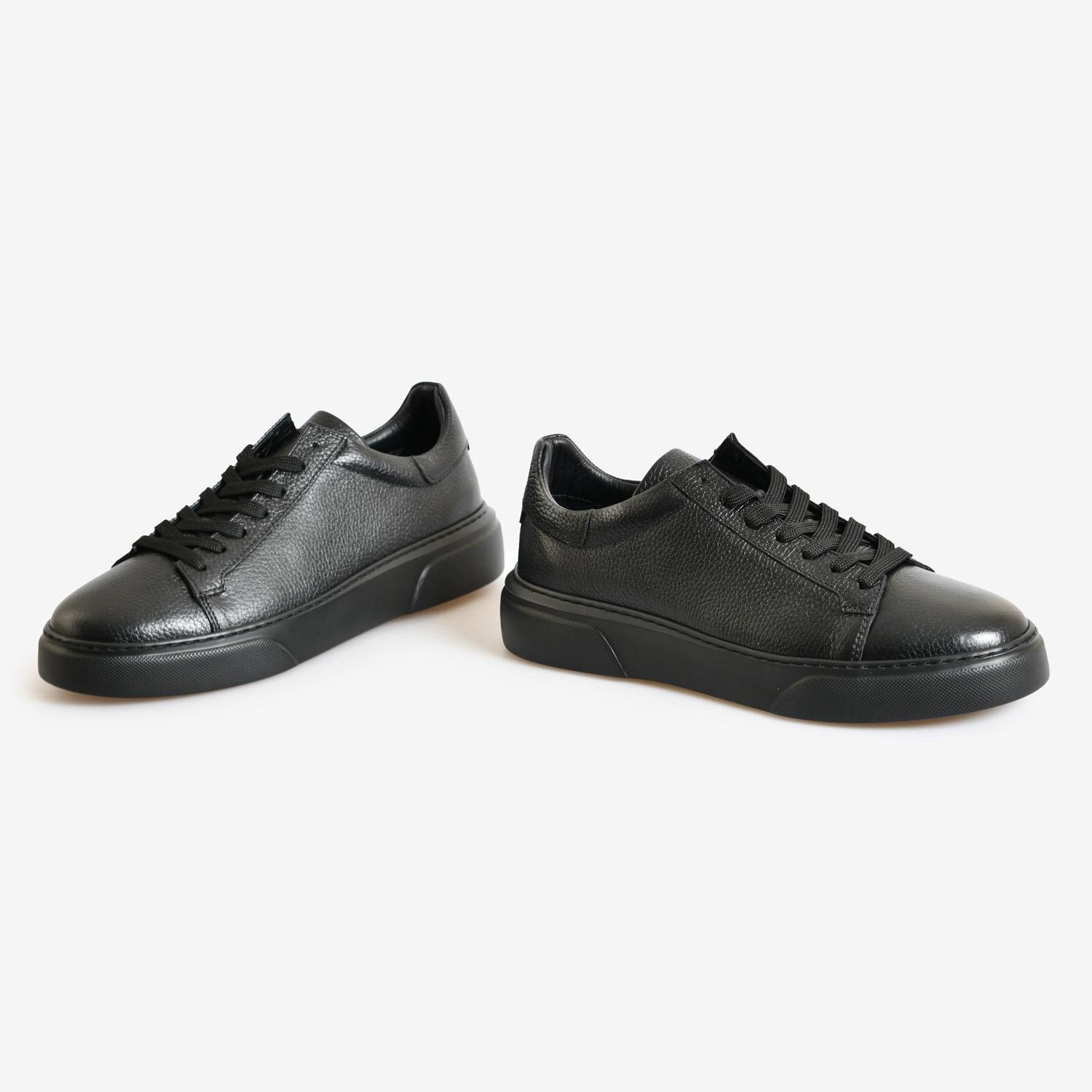 Siyah Deri Bağcıklı Erkek Spor Sneaker