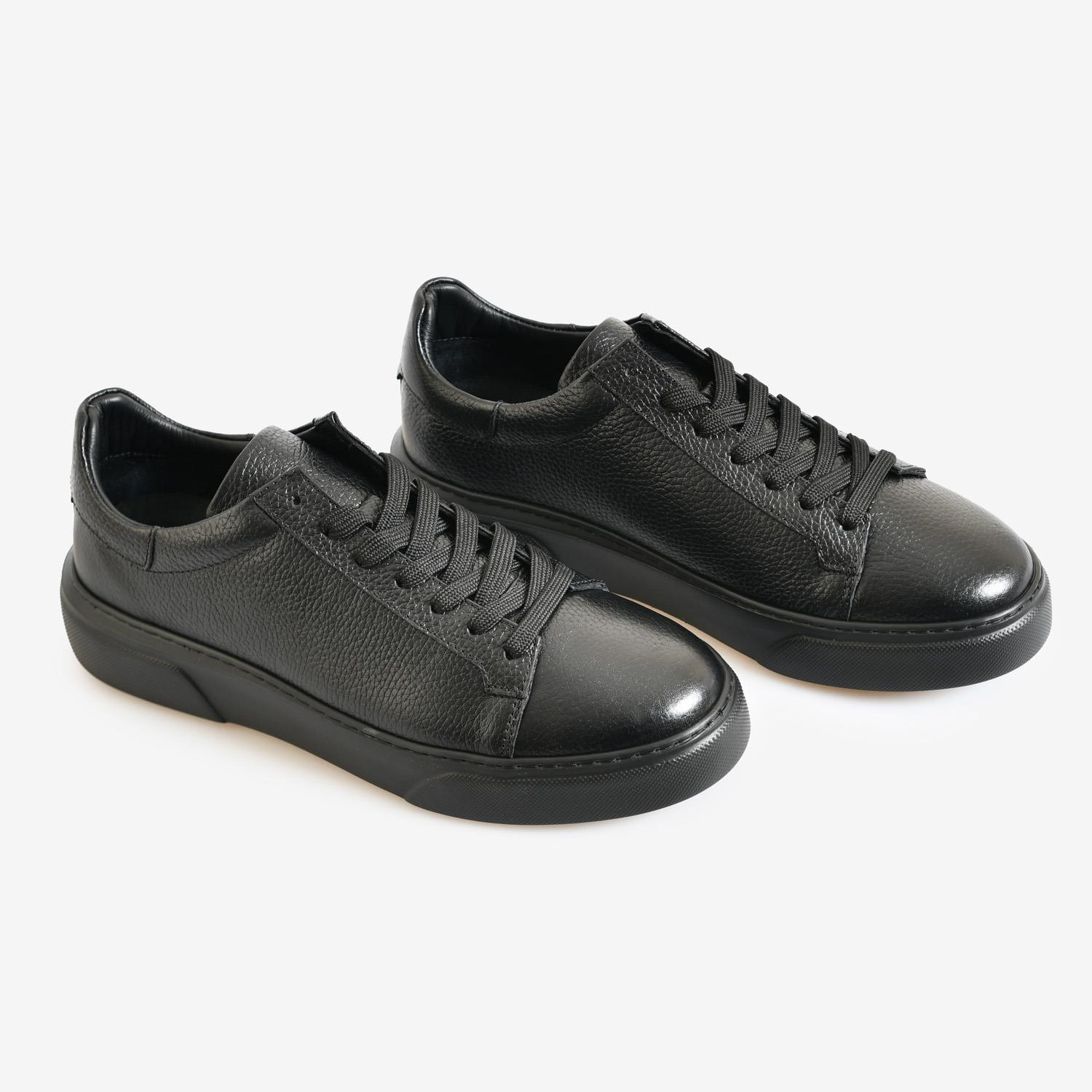 Siyah Deri Bağcıklı Erkek Spor Sneaker