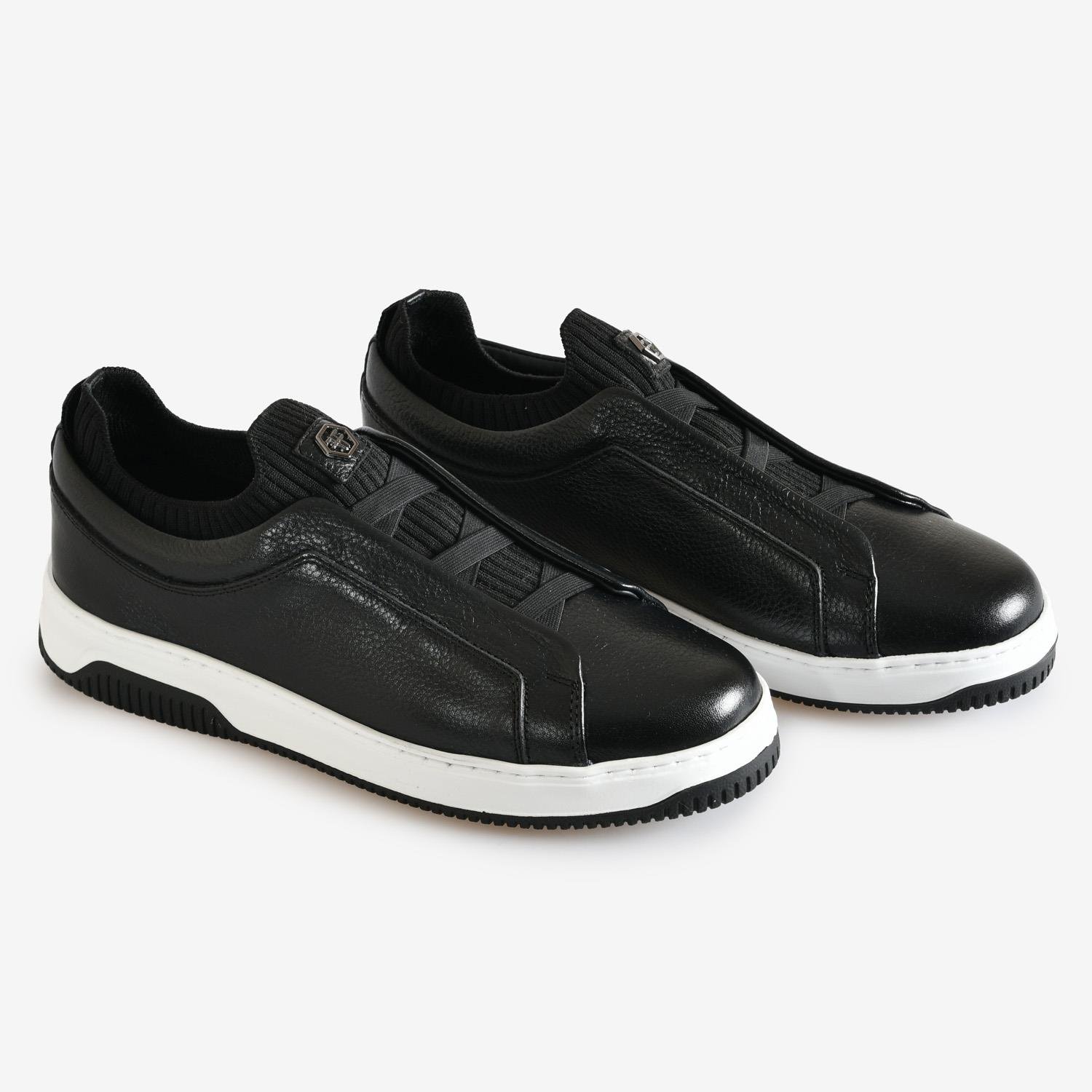 Siyah Deri Bağcıksız Erkek Sneaker