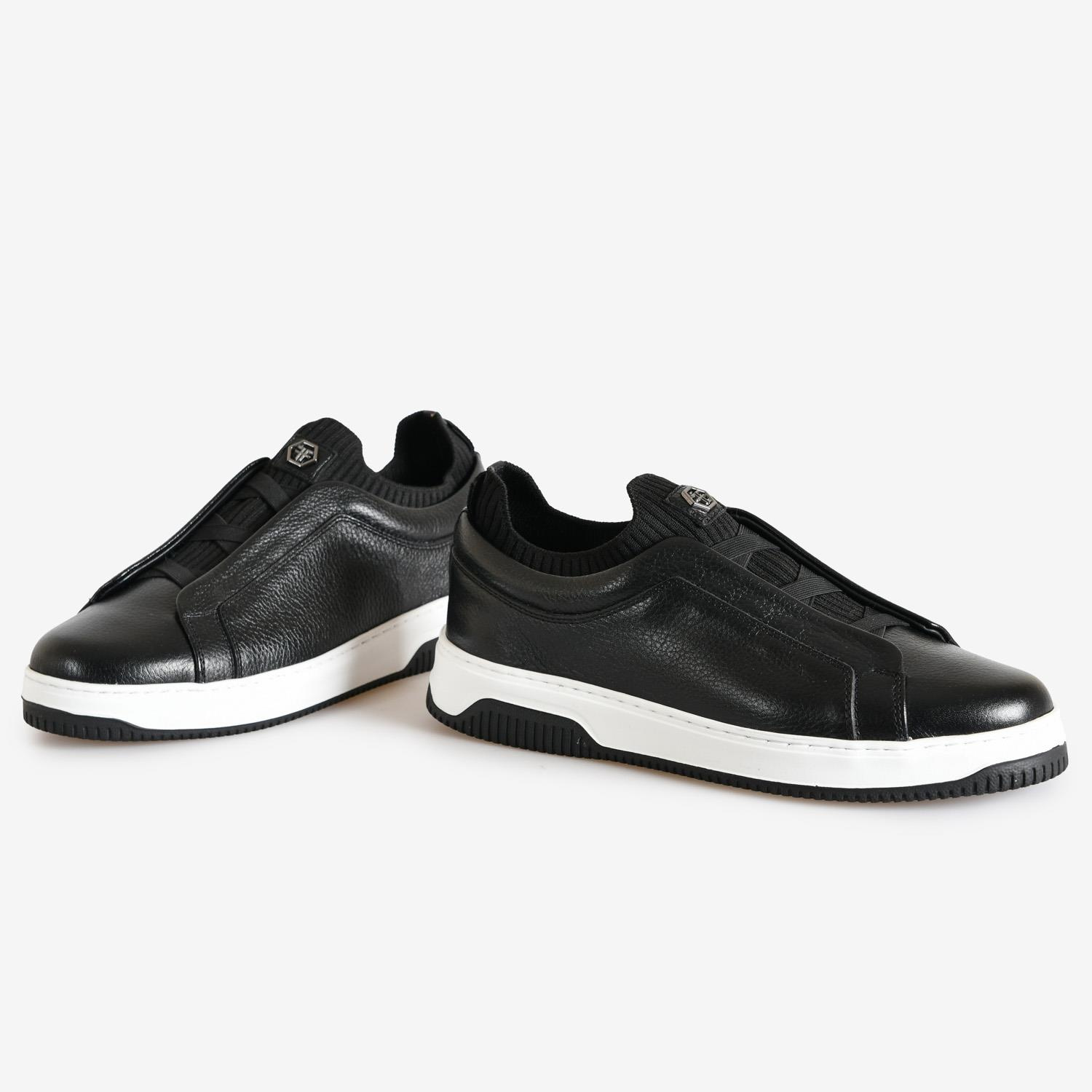 Siyah Deri Bağcıksız Erkek Sneaker