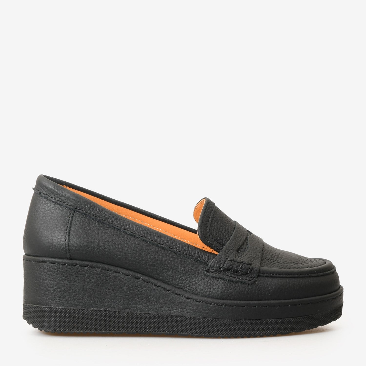 Siyah Deri Dolgu Topuk Kadın Loafer
