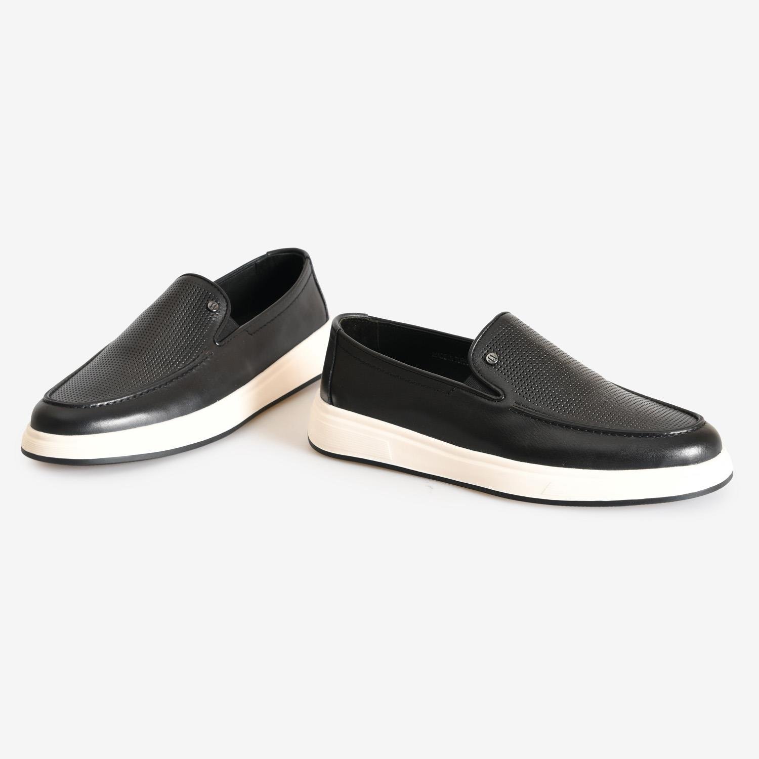 Siyah Deri Düz Erkek Loafer