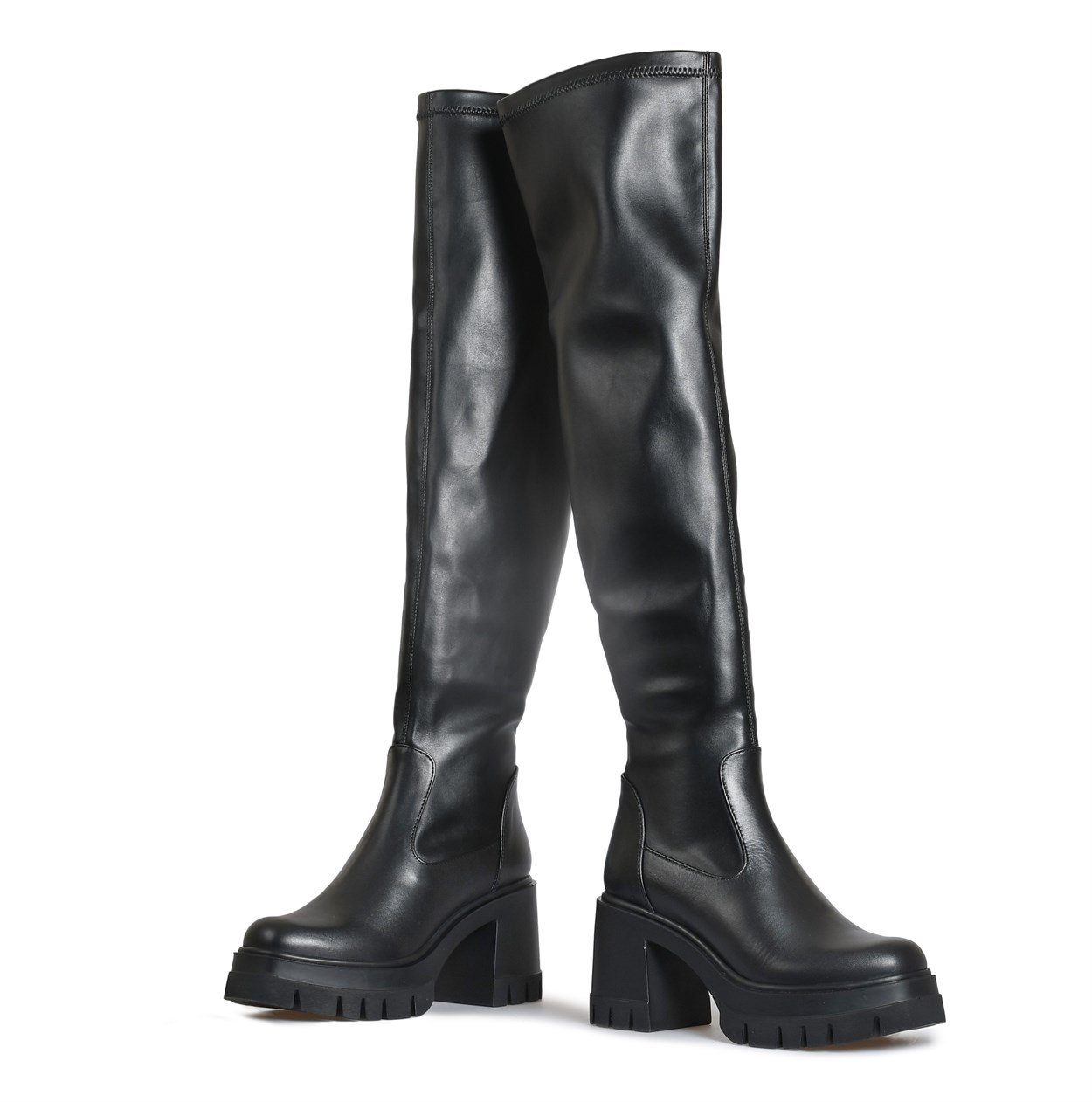 Siyah Deri Fermuar Detaylı Diz Üstü Kadın Çizme