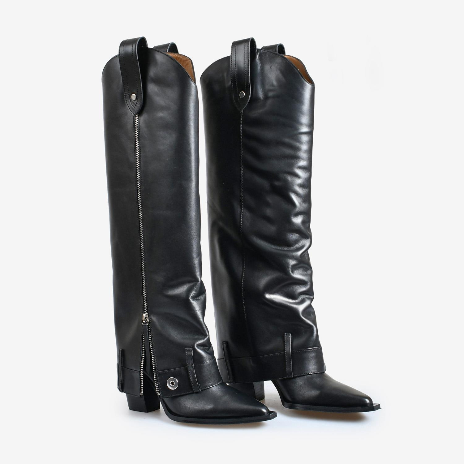Siyah Deri Fermuar Detaylı Kadın Western Çizme