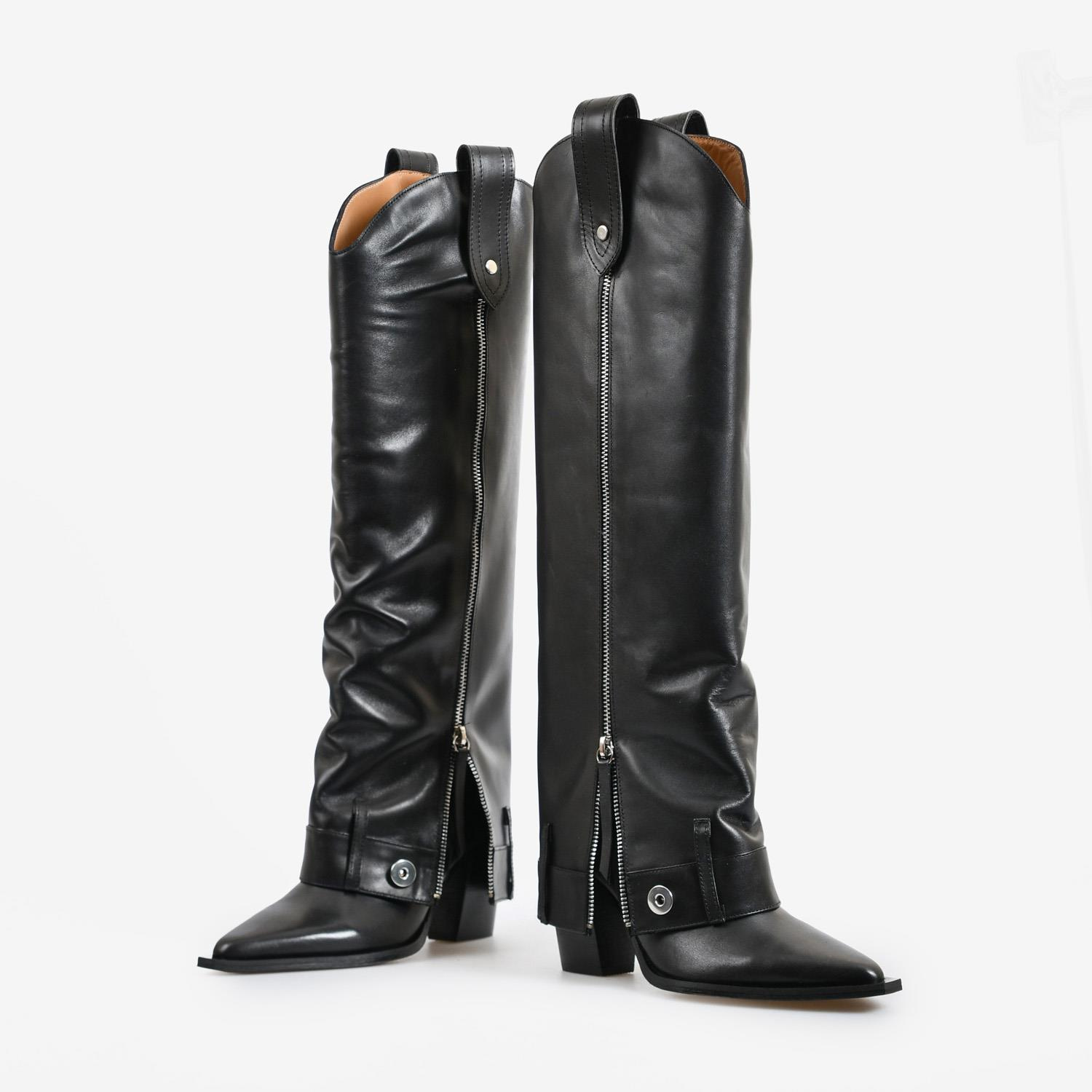 Siyah Deri Fermuar Detaylı Kadın Western Çizme