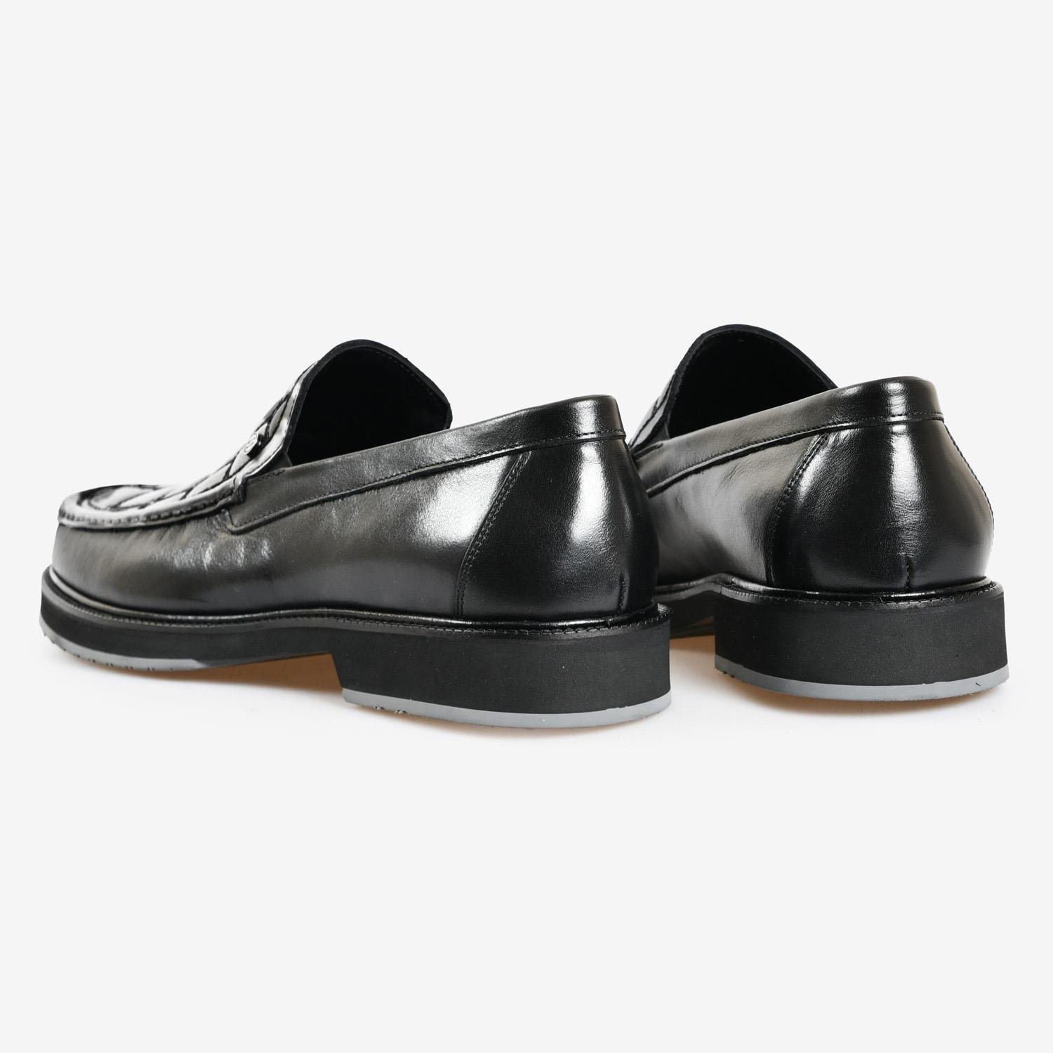 Siyah Deri Kare Desenli Erkek Loafer