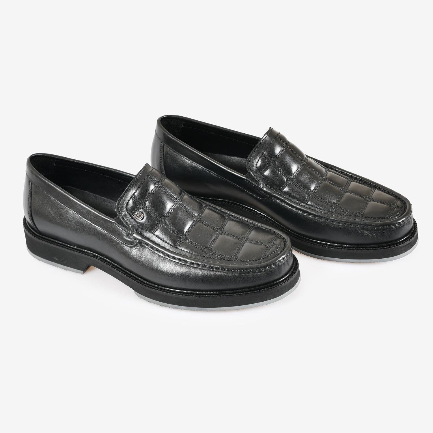Siyah Deri Kare Desenli Erkek Loafer
