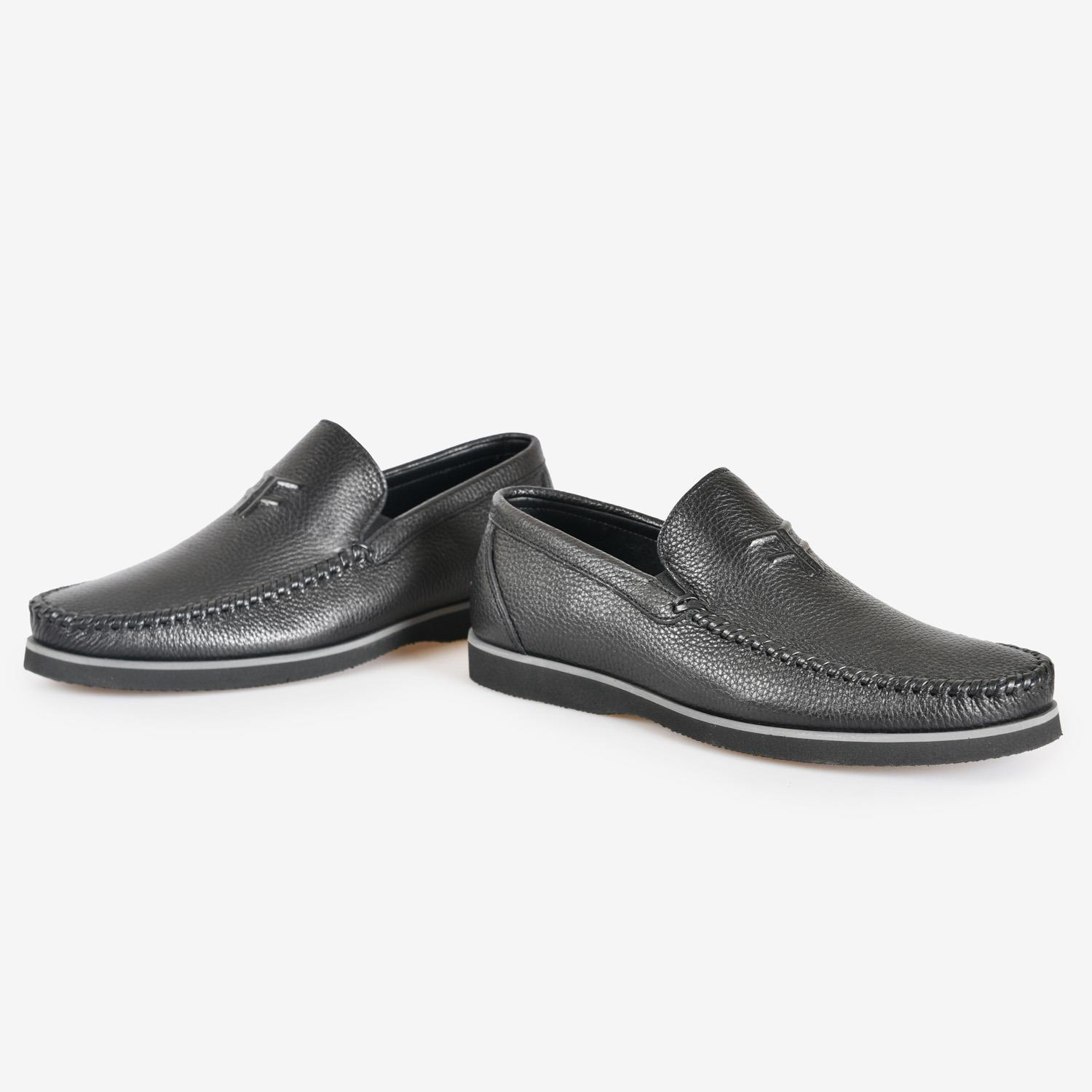 Siyah Deri Logo Baskılı Erkek Loafer