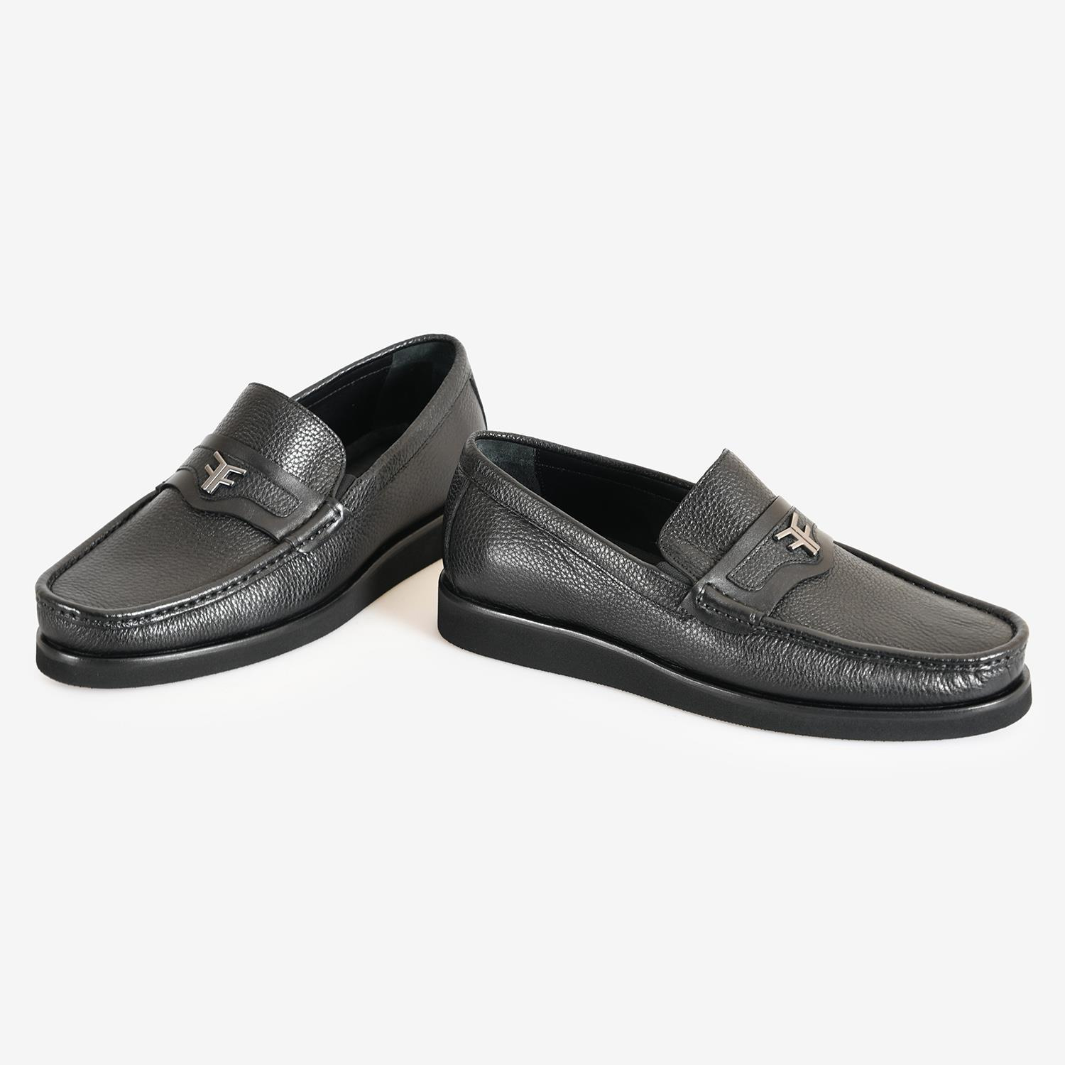 SİYAH DERİ LOGO DETAYLI ERKEK LOAFER