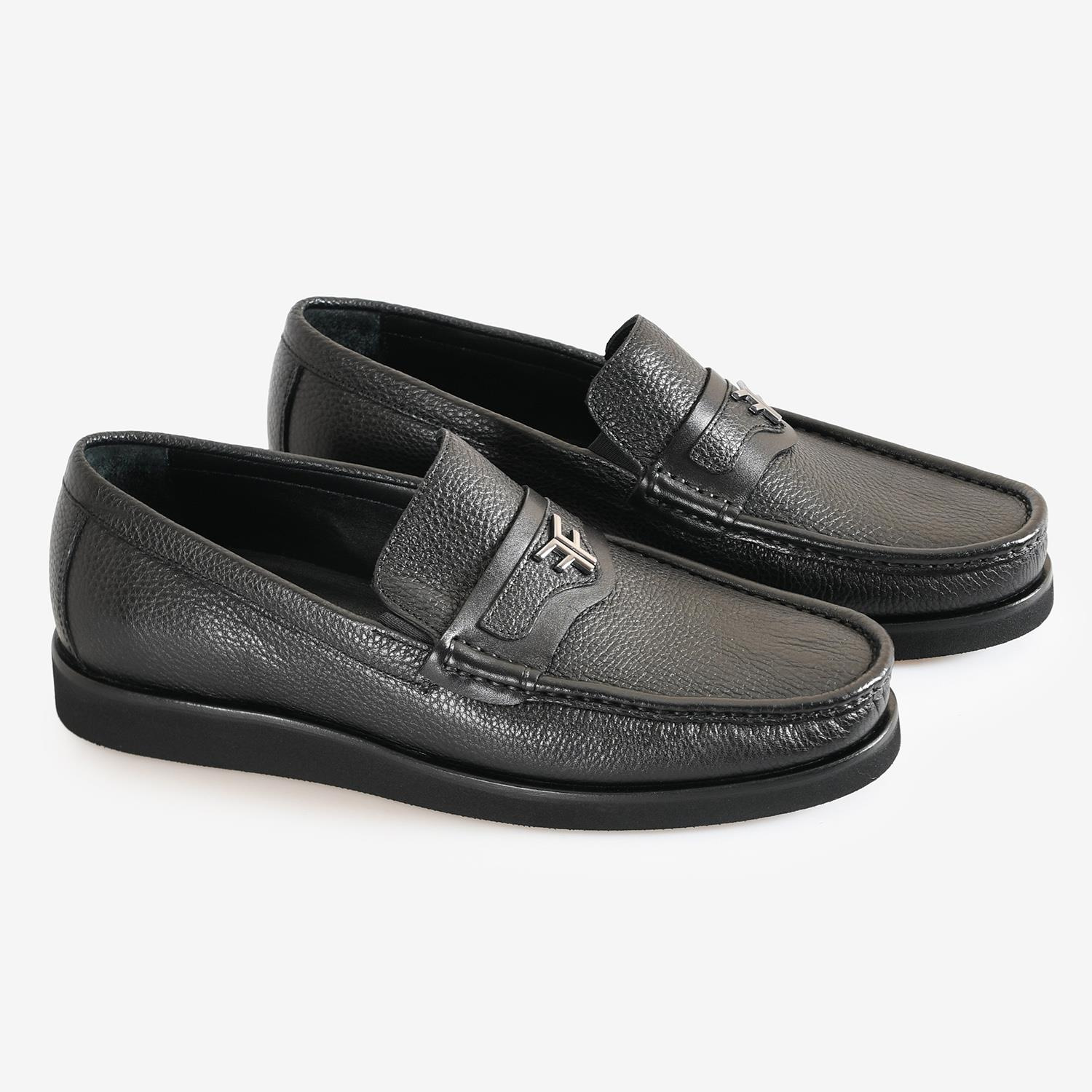 SİYAH DERİ LOGO DETAYLI ERKEK LOAFER