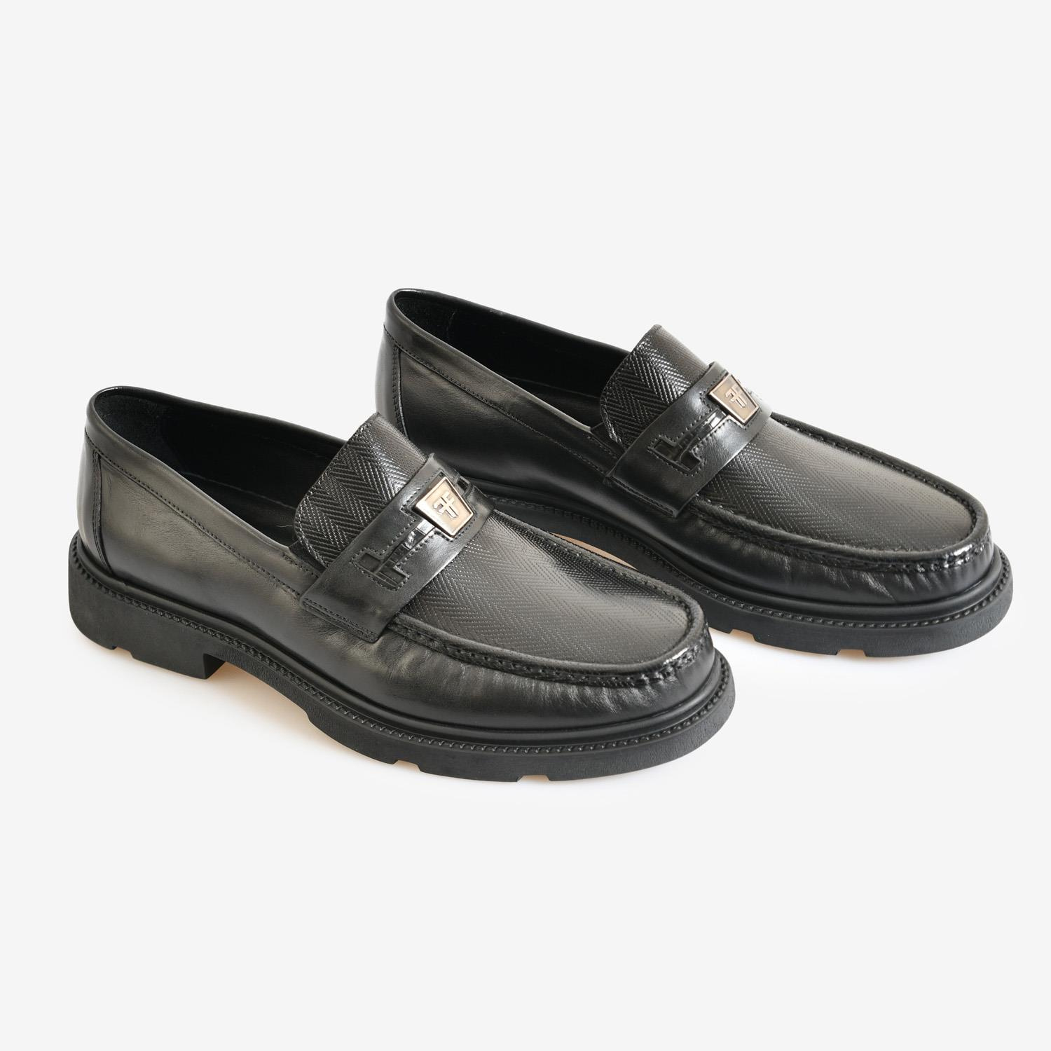 Siyah Deri Logolu Erkek Loafer