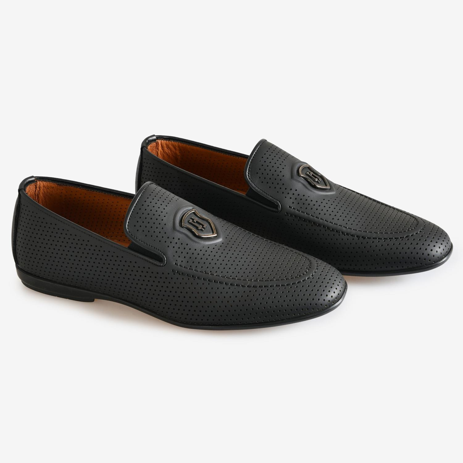 Siyah Deri Logolu Erkek Loafer