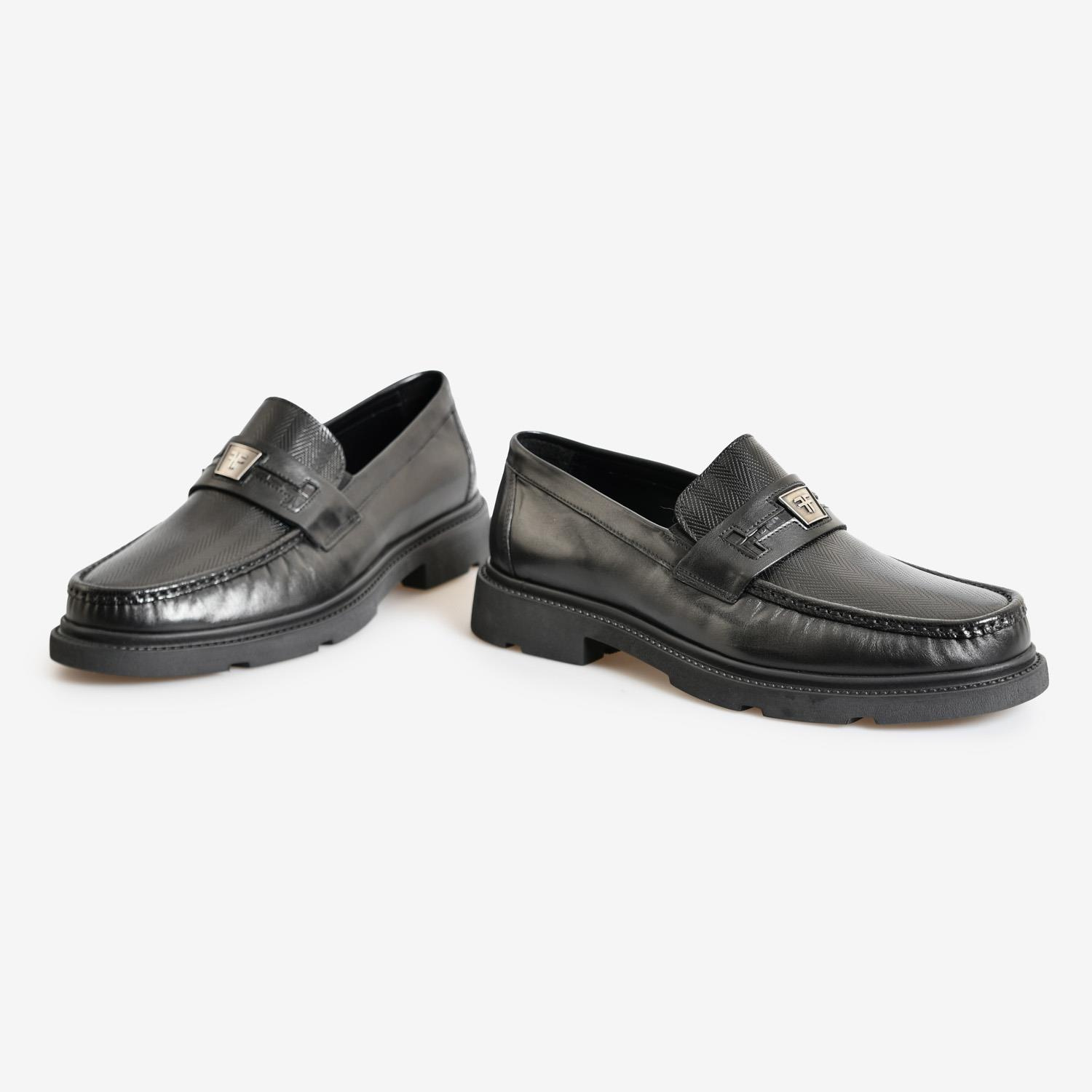 Siyah Deri Logolu Erkek Loafer