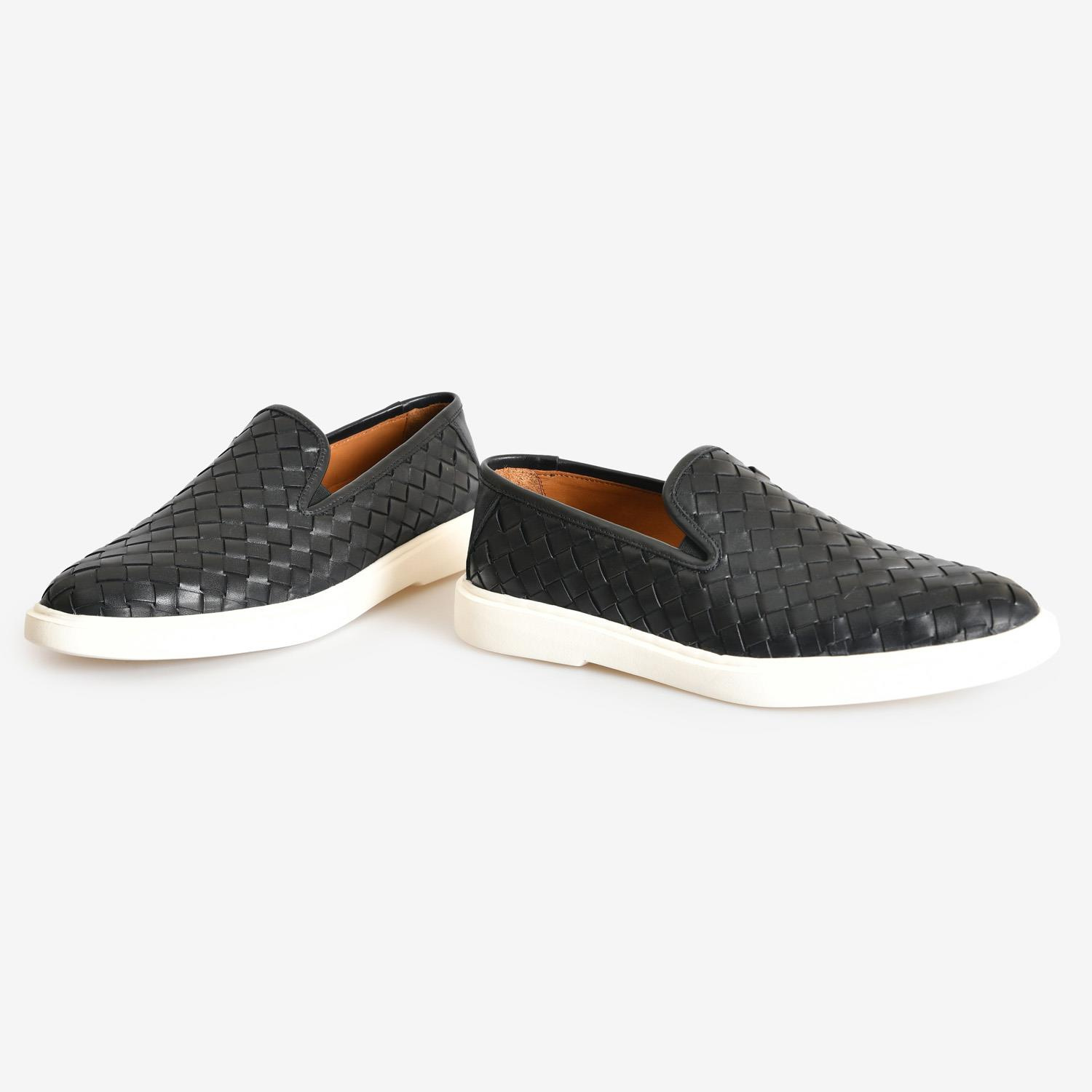 Siyah Deri Örgü Erkek Loafer