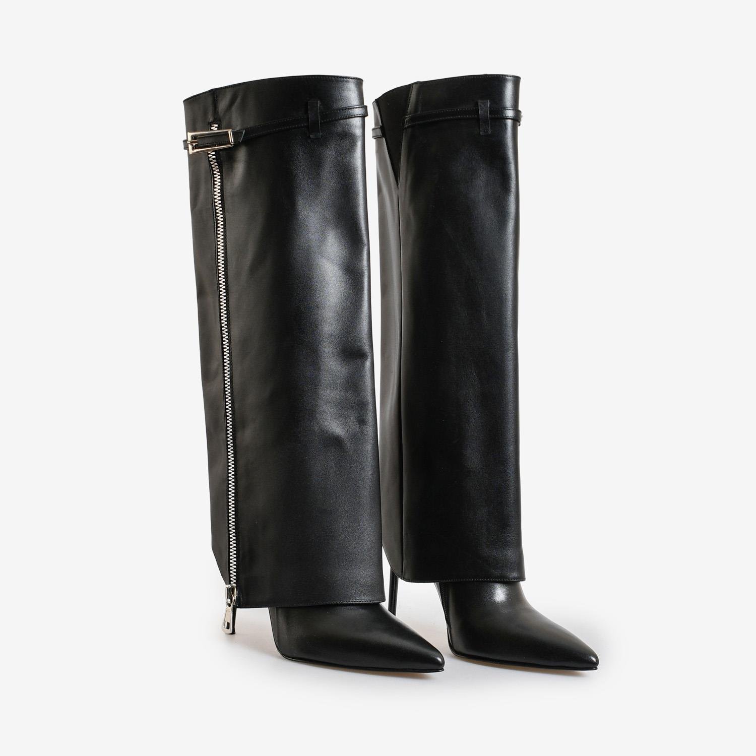 Siyah Deri Parçalı Kadın Kadın Çizme