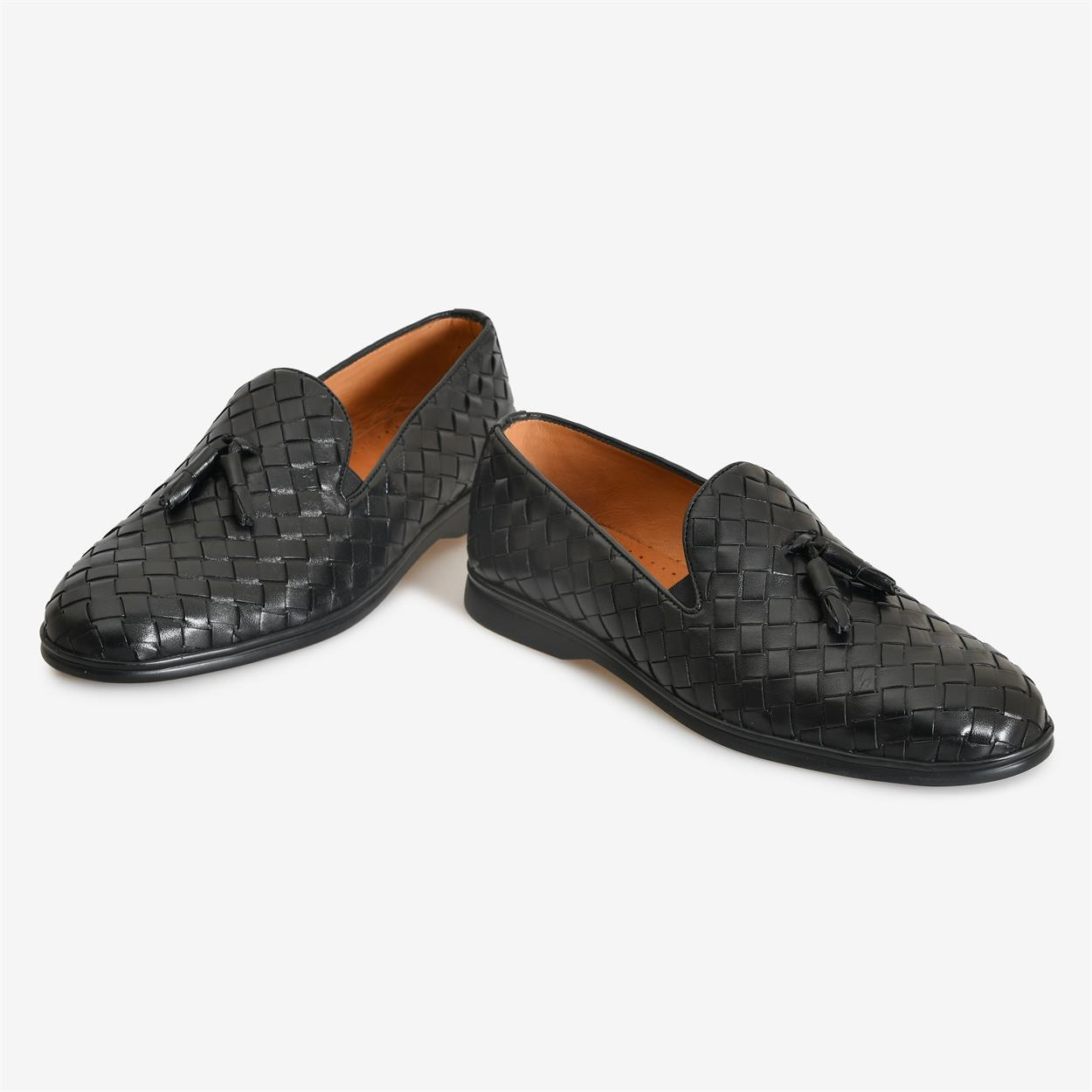 Siyah Deri Püsküllü Örgü Erkek Klasik Ayakkabı