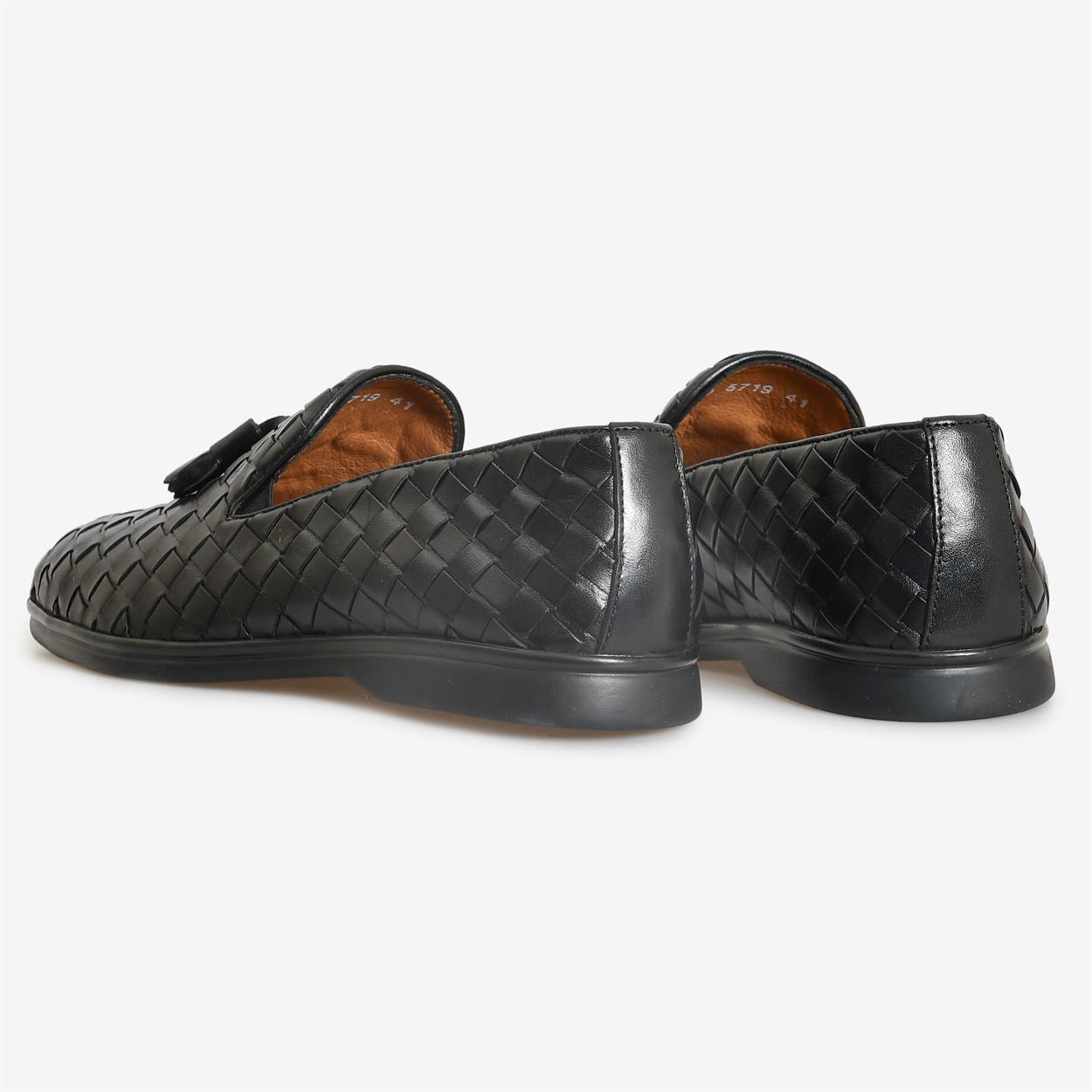 Siyah Deri Püsküllü Örgü Erkek Klasik Ayakkabı