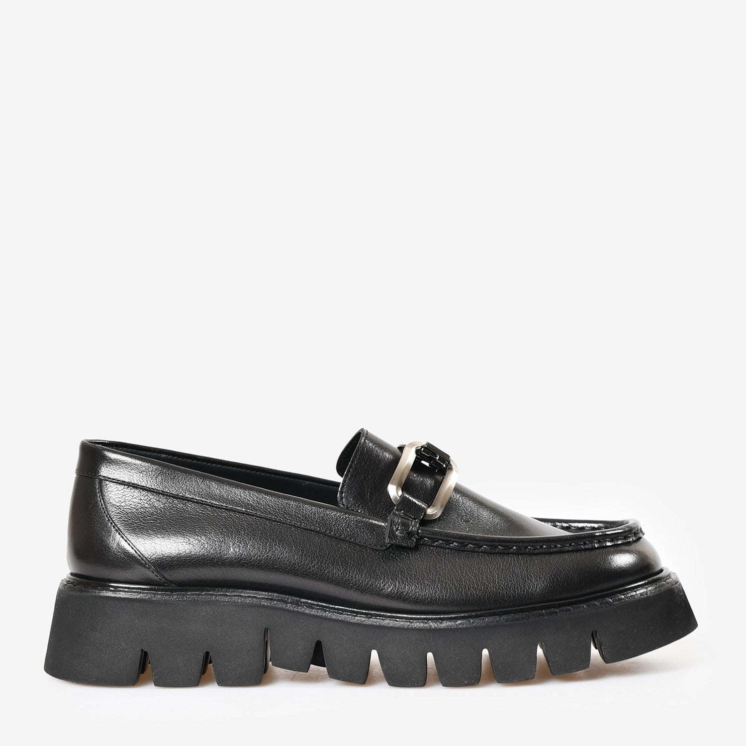 Siyah Deri Tokalı Kadın Loafer