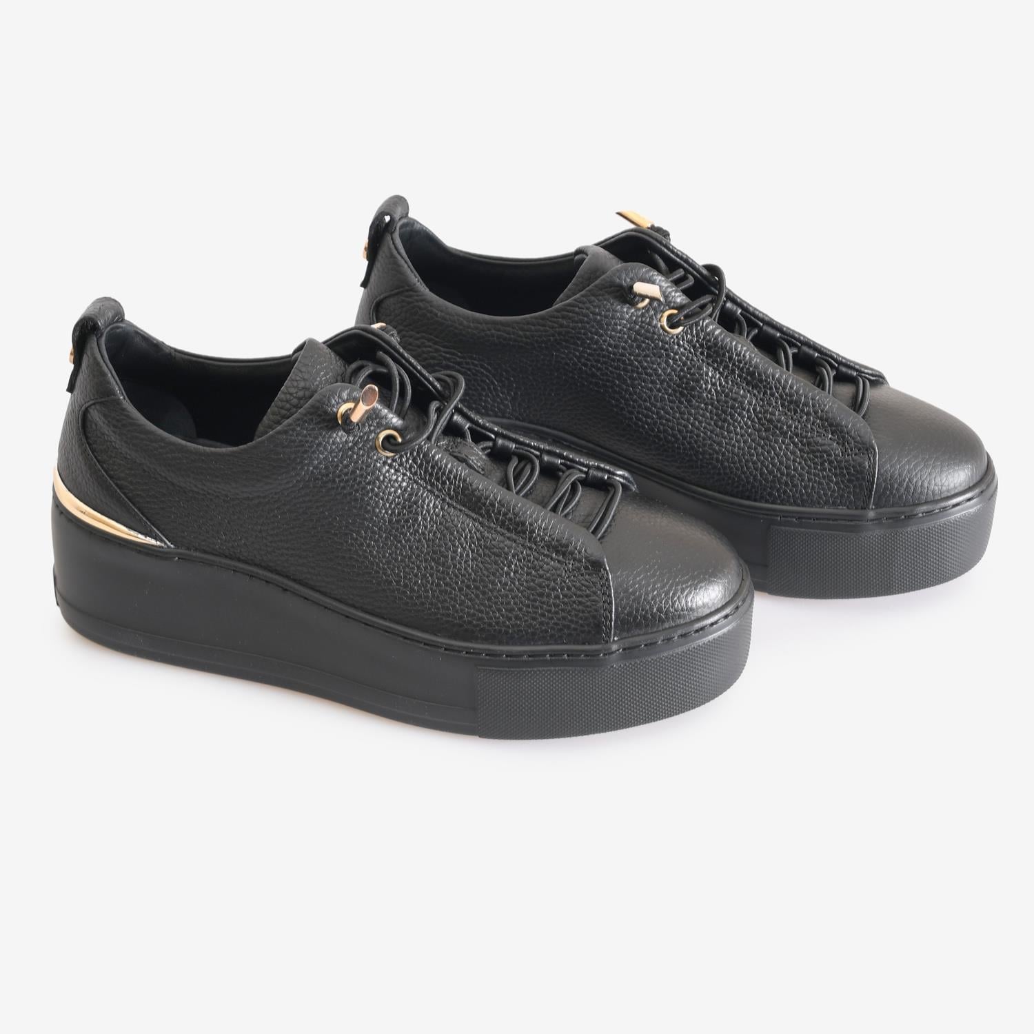 Siyah Deri Yüksek Taban Kadın Sneaker