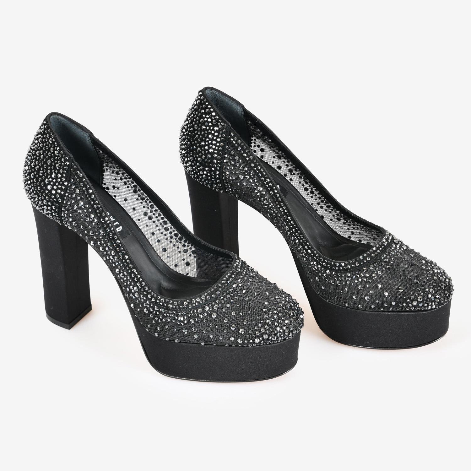 Siyah File Taş Detaylı Kadın Platform Abiye Ayakkabı
