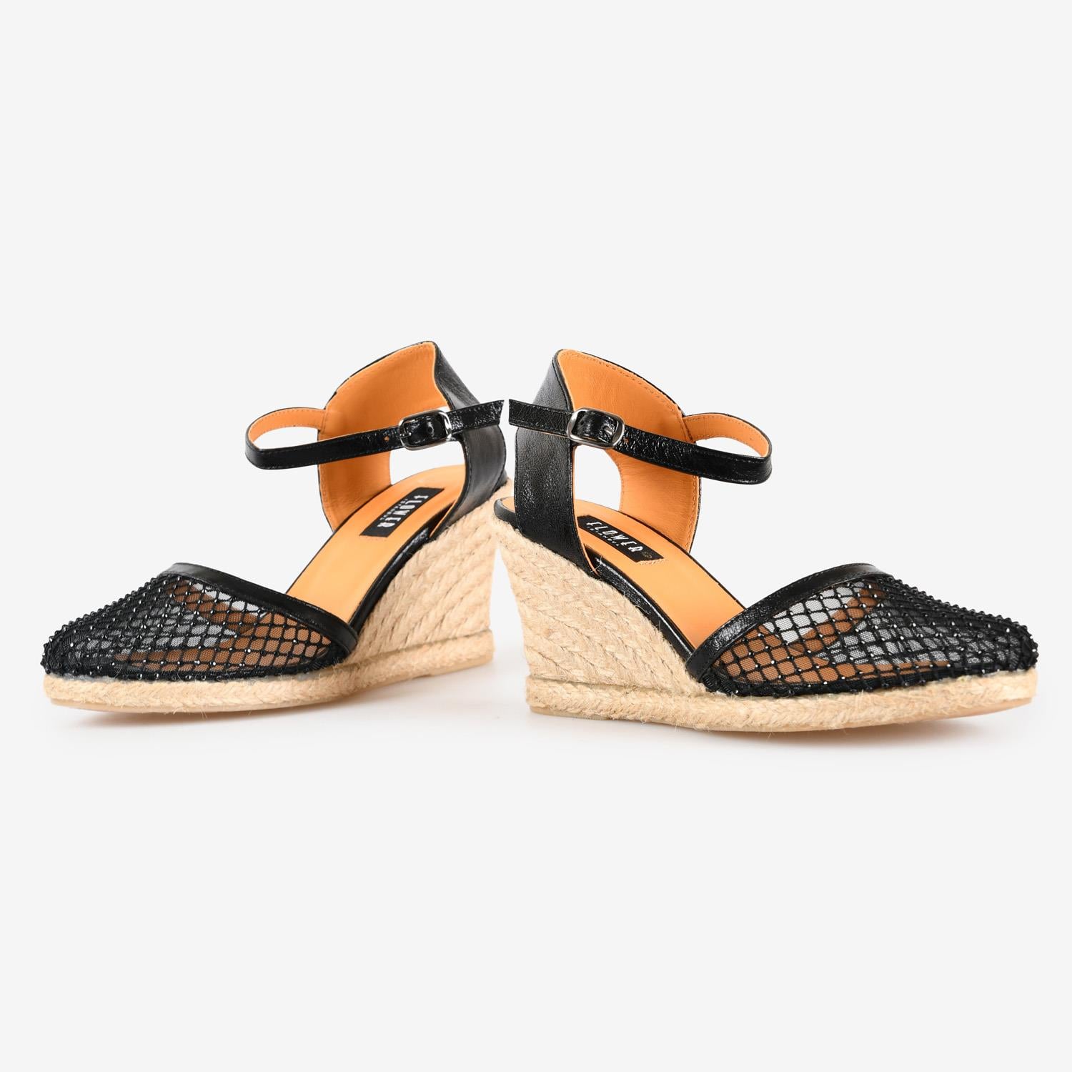 Siyah File Taşlı Espadril Sandalet