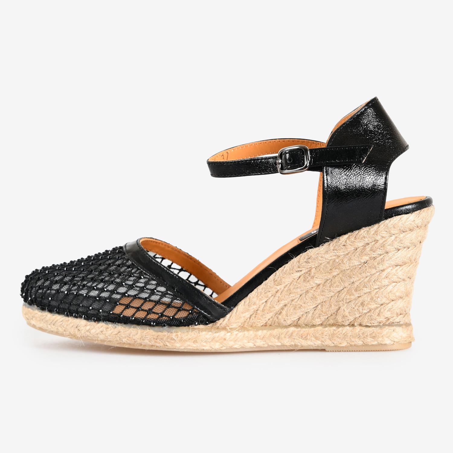Siyah File Taşlı Espadril Sandalet