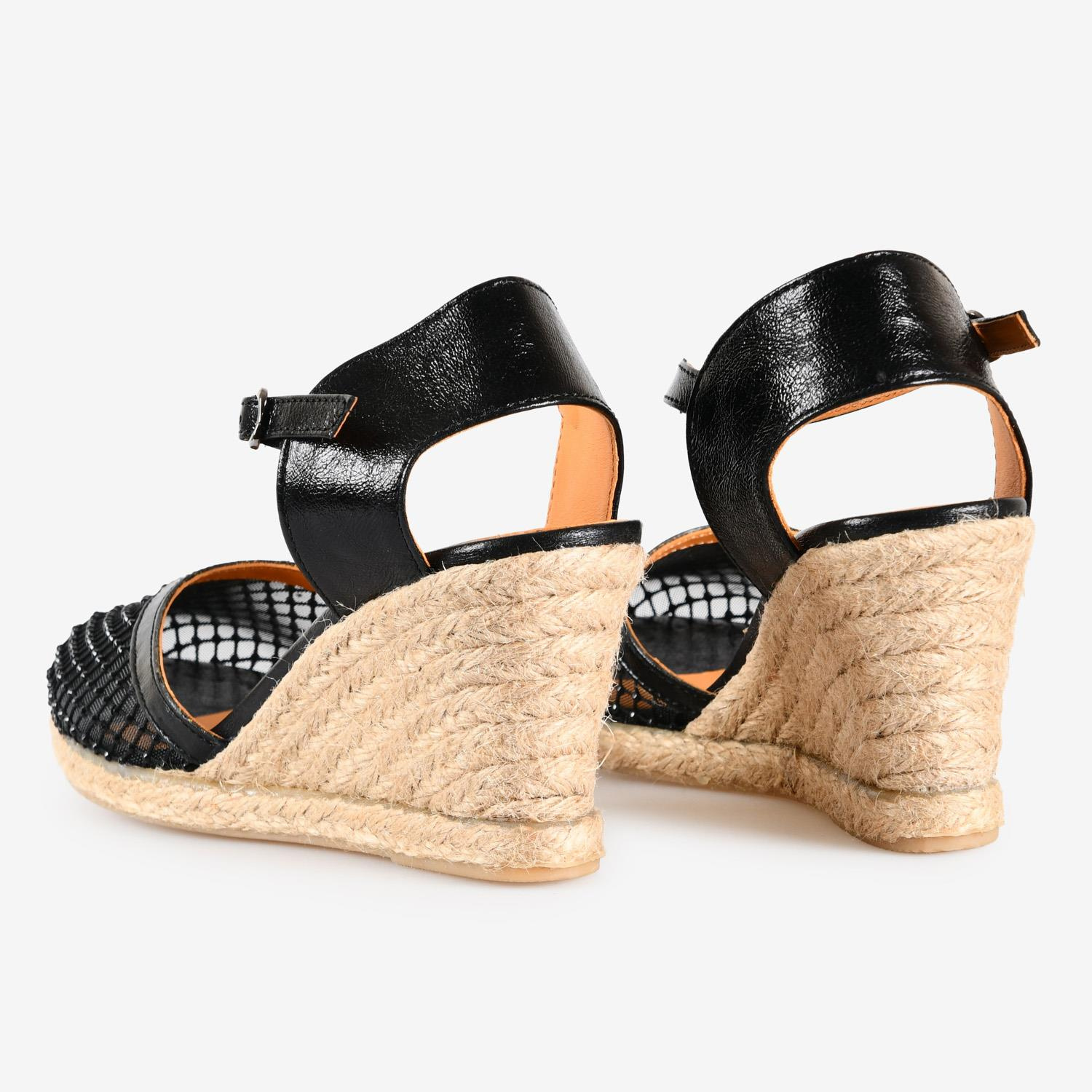 Siyah File Taşlı Espadril Sandalet