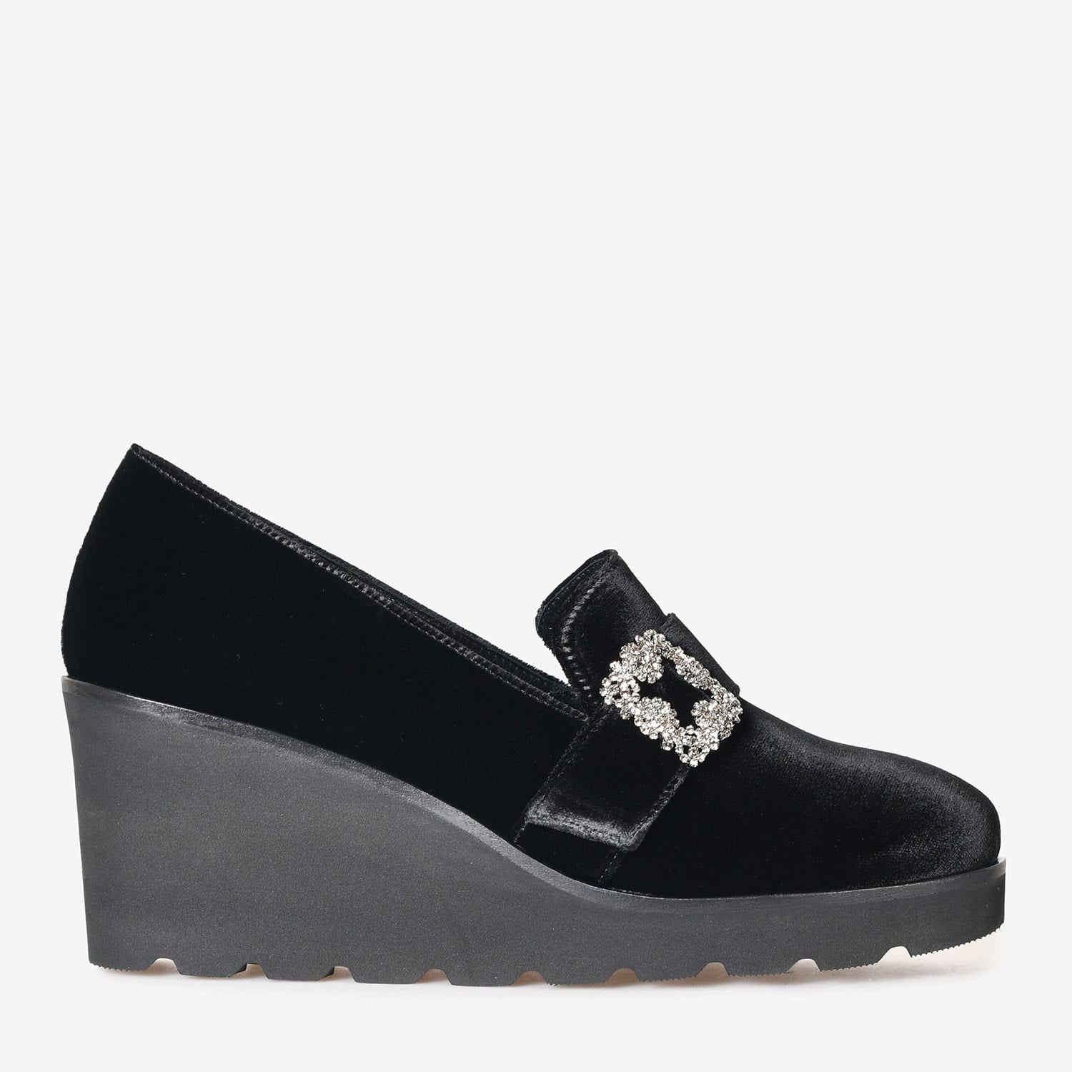Siyah Kadife Dolgu Topuk Kadın Loafer