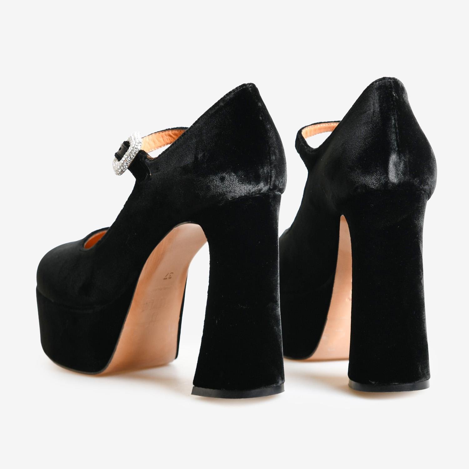 Siyah Kadife Kemer Detaylı Platform Taban Kadın Abiye Ayakkabı