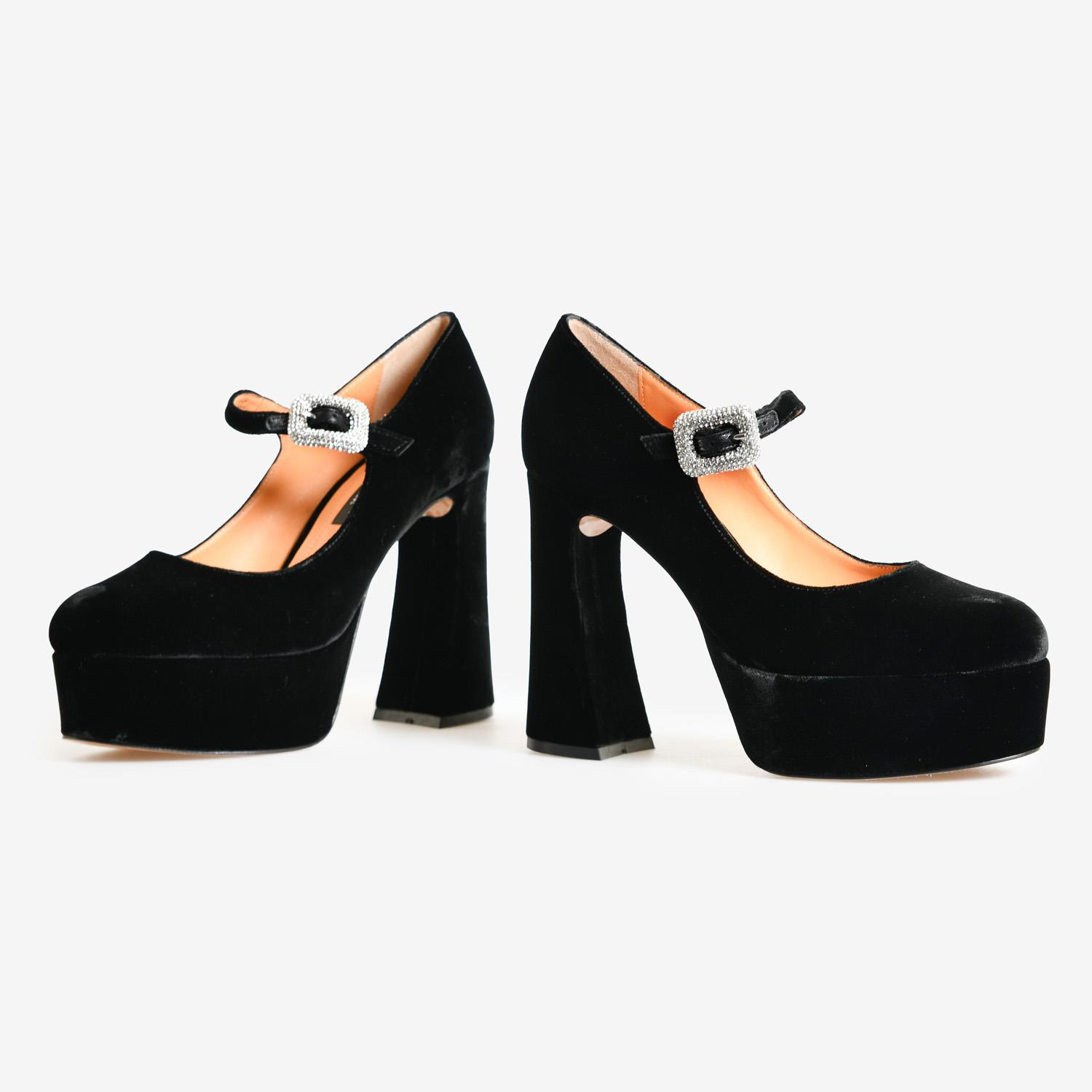 Siyah Kadife Kemer Detaylı Platform Taban Kadın Abiye Ayakkabı