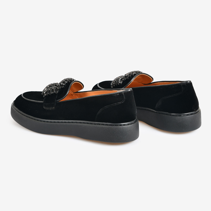 Siyah Kadife Taşlı Kadın Loafer