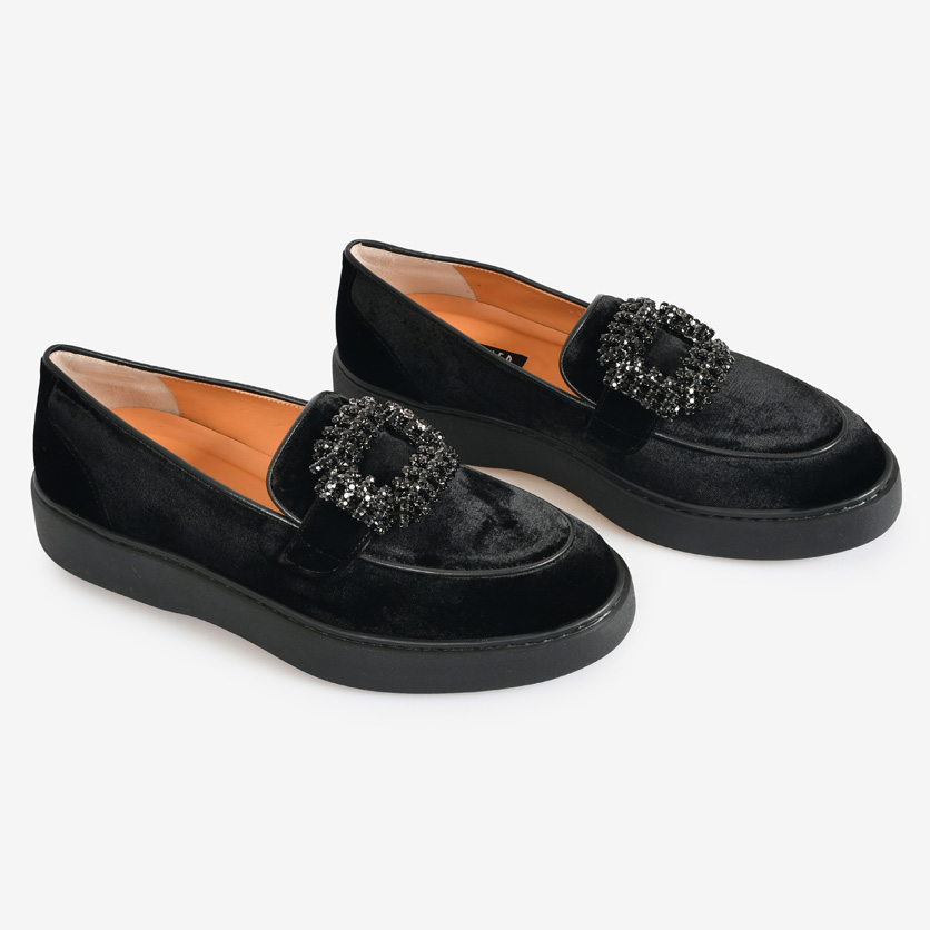 Siyah Kadife Taşlı Kadın Loafer