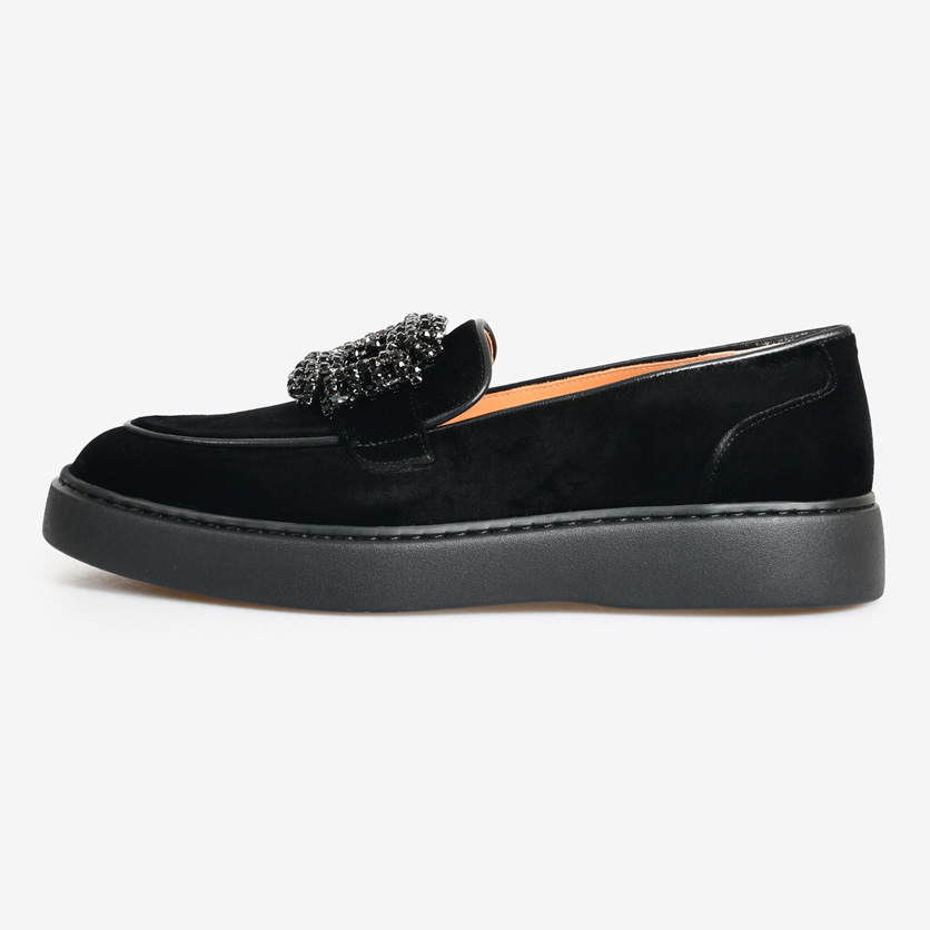 Siyah Kadife Taşlı Kadın Loafer