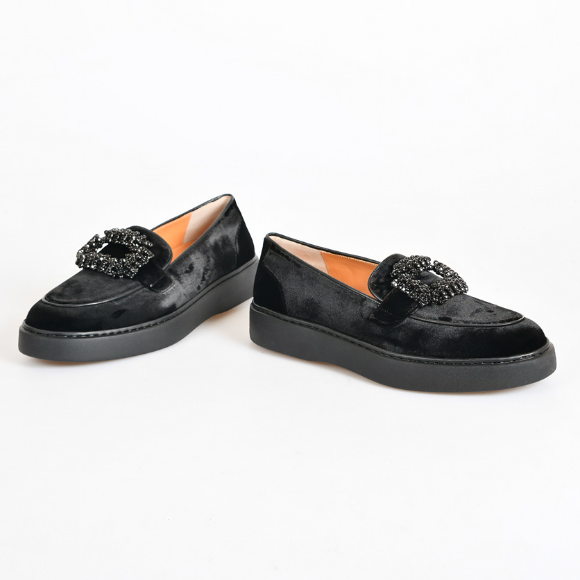 Siyah Kadife Taşlı Kadın Loafer
