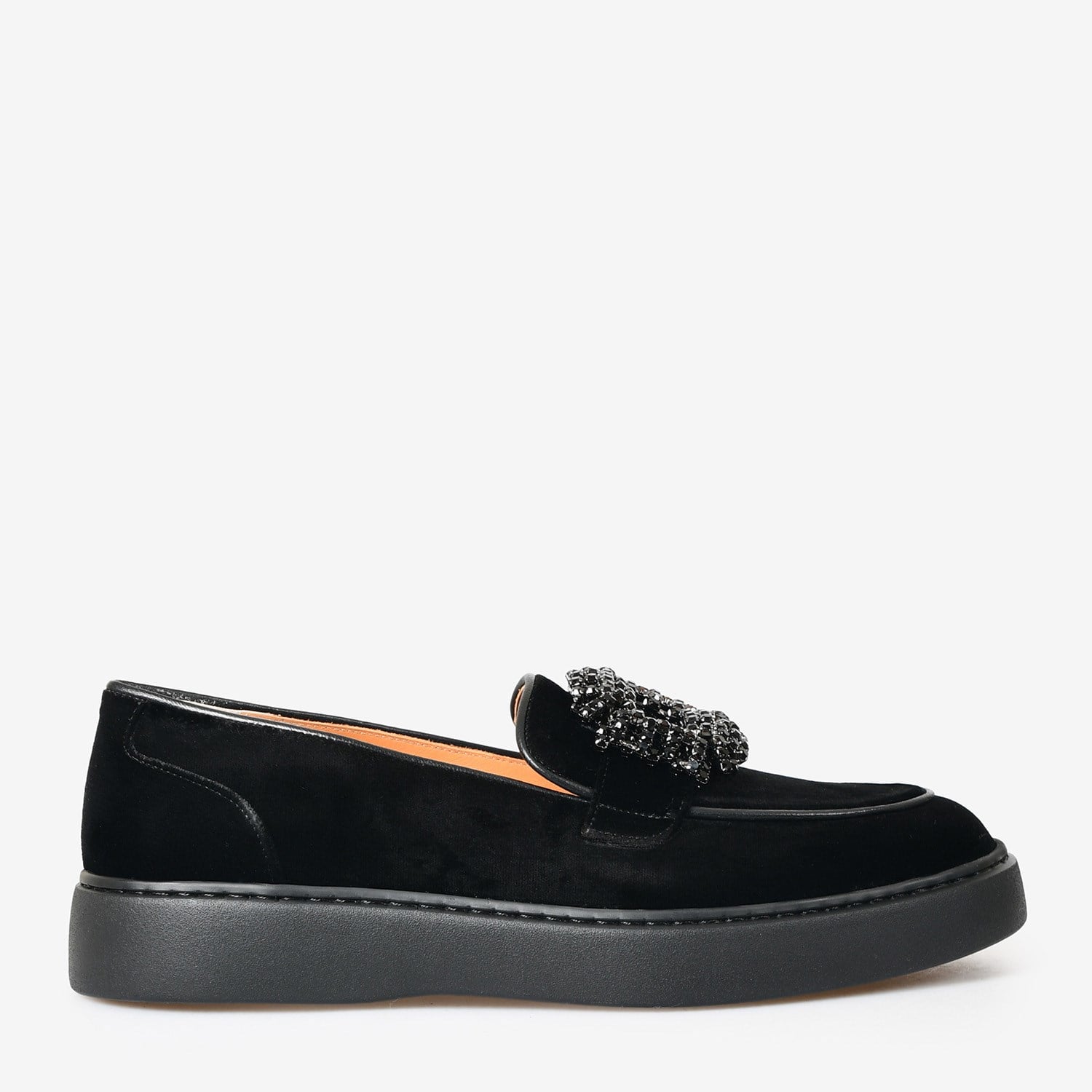 Siyah Kadife Taşlı Kadın Loafer