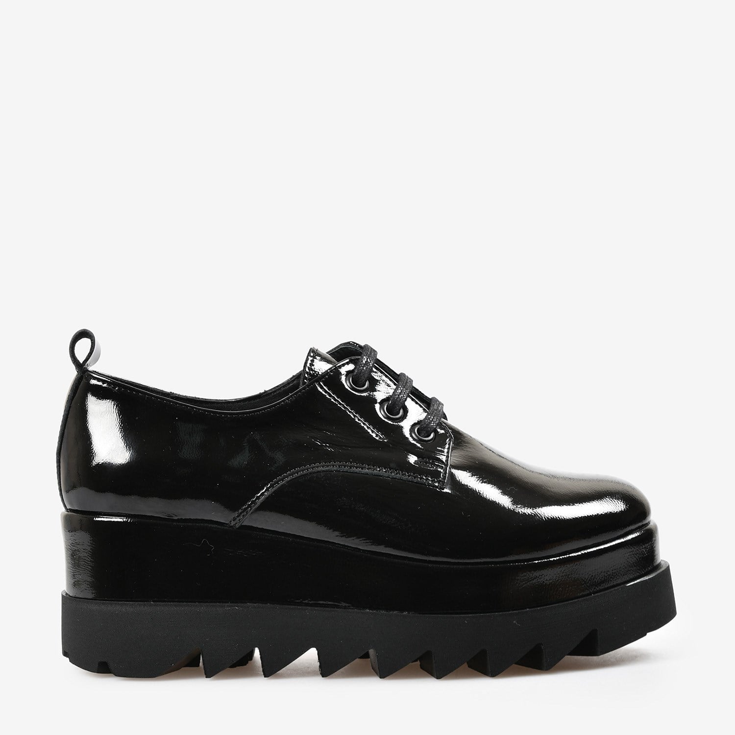 Siyah Kırışık Rugan Platform Taban Kadın Loafer