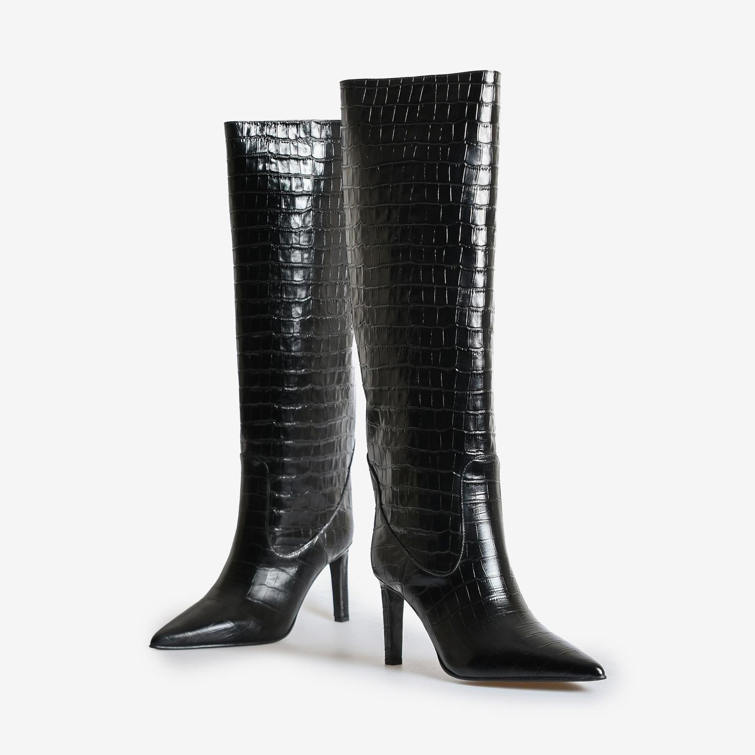 Siyah Kroko Deri Kadın Çizme