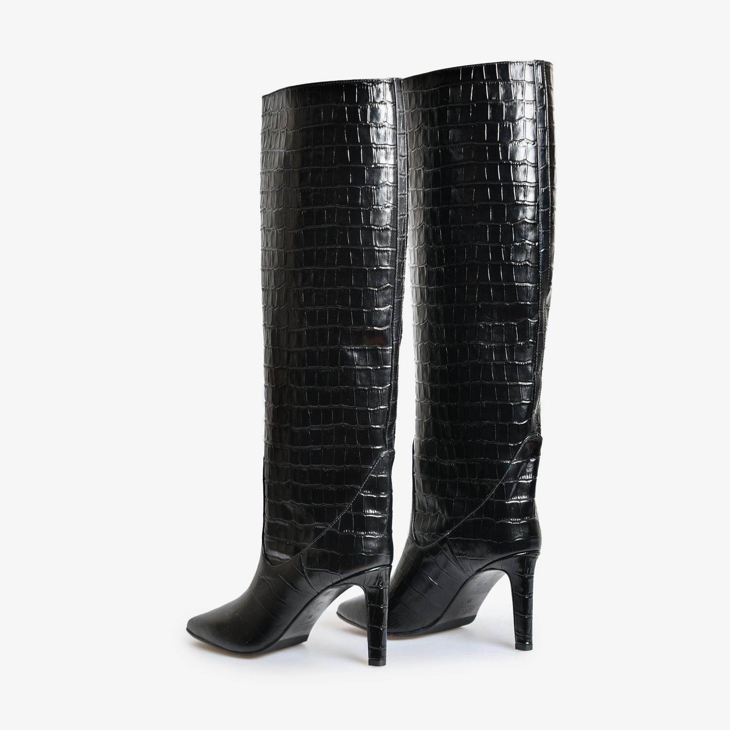 Siyah Kroko Deri Kadın Çizme