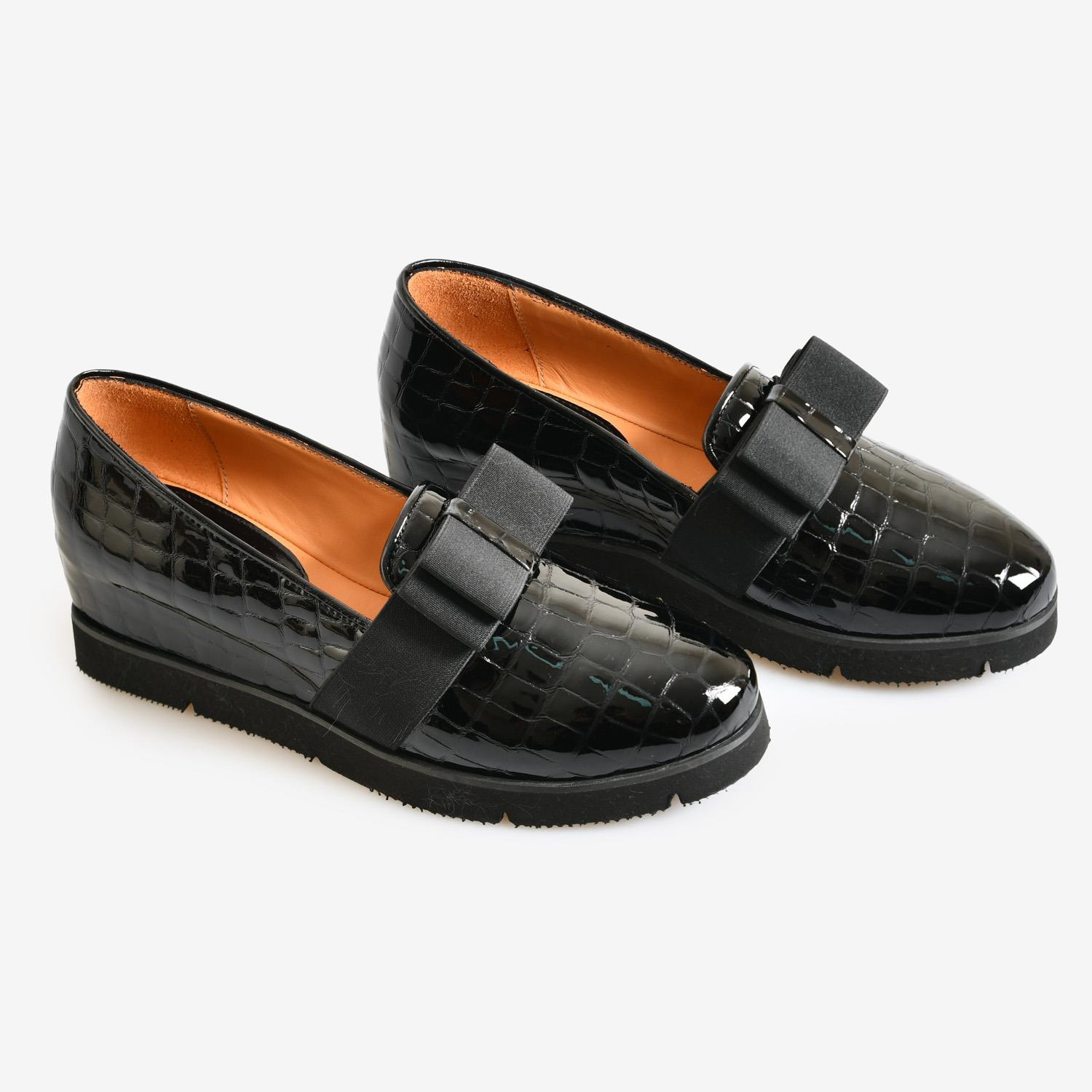 Siyah Kroko Rugan Dolgu Topuk Kadın Loafer