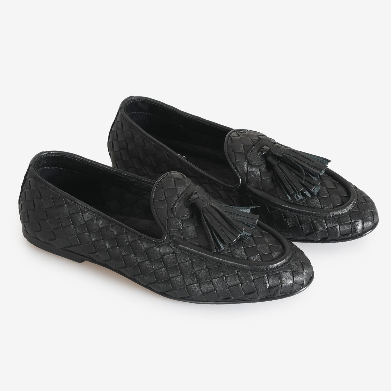Siyah Örgü Deri Kadın Loafer